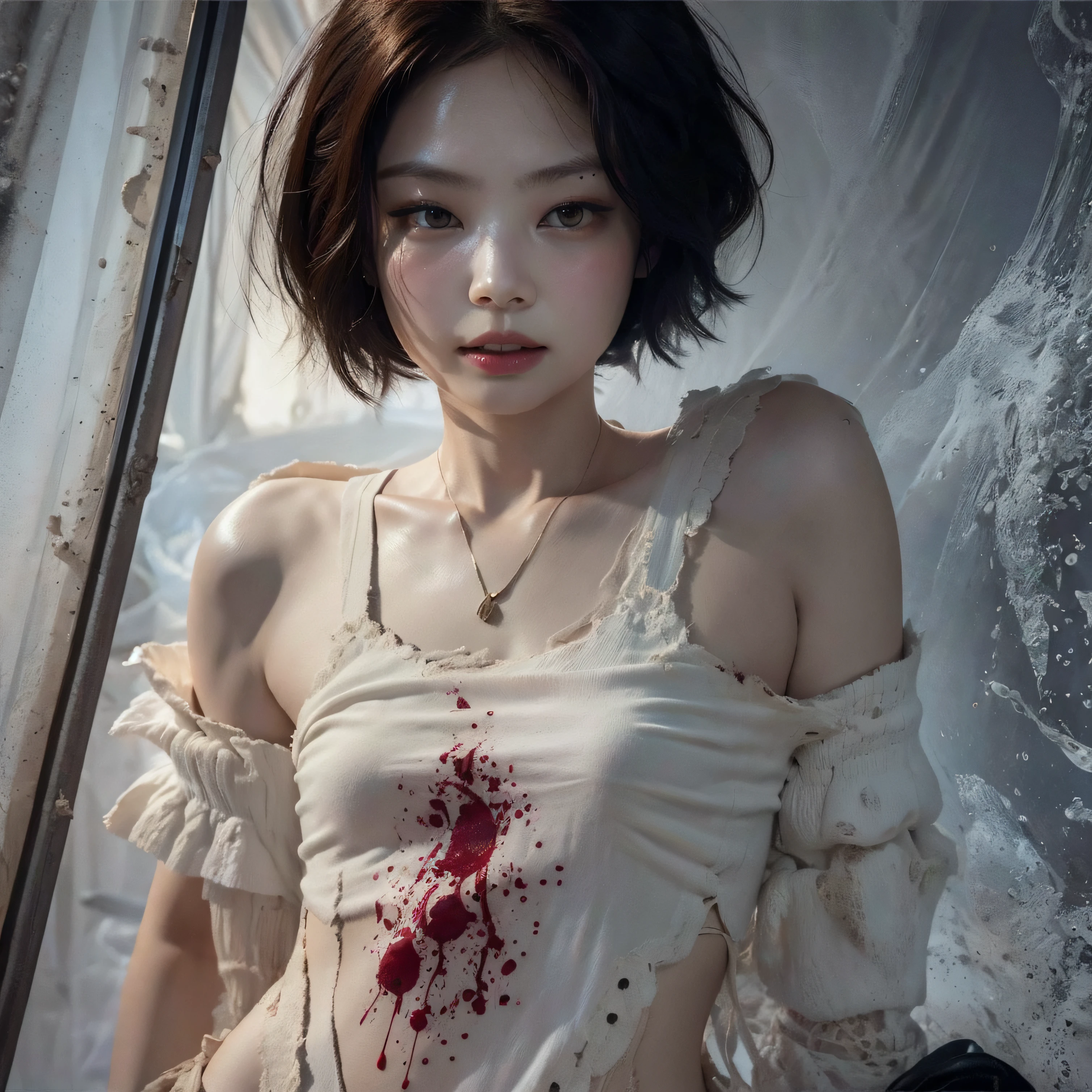 bright eyes, white dress torn and stained with blood, bones exposed, putrid wounds, , terrifying, bruised by the body, exposed fracture in the collarbone, slight smile, super detailed, black short hair, blood and wounds, stab wounds on body, dirty clothes, Jennie Kim, 30 yrs old girl,