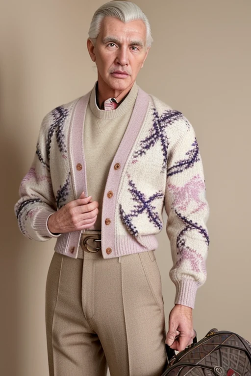 2023 screenshot of male model Grandpa Joe(David Kelly) that looks like a barbie doll by plastic surgery with big botox lips and a big botox ass and is in a cozy cashmere cardigan with an all-over Gucci monogram print, paired with tailored slacks featuring discreet Gucci stripe details. His loafers are replaced with stylish Gucci horsebit loafers. --ar 3:2 --v 5"