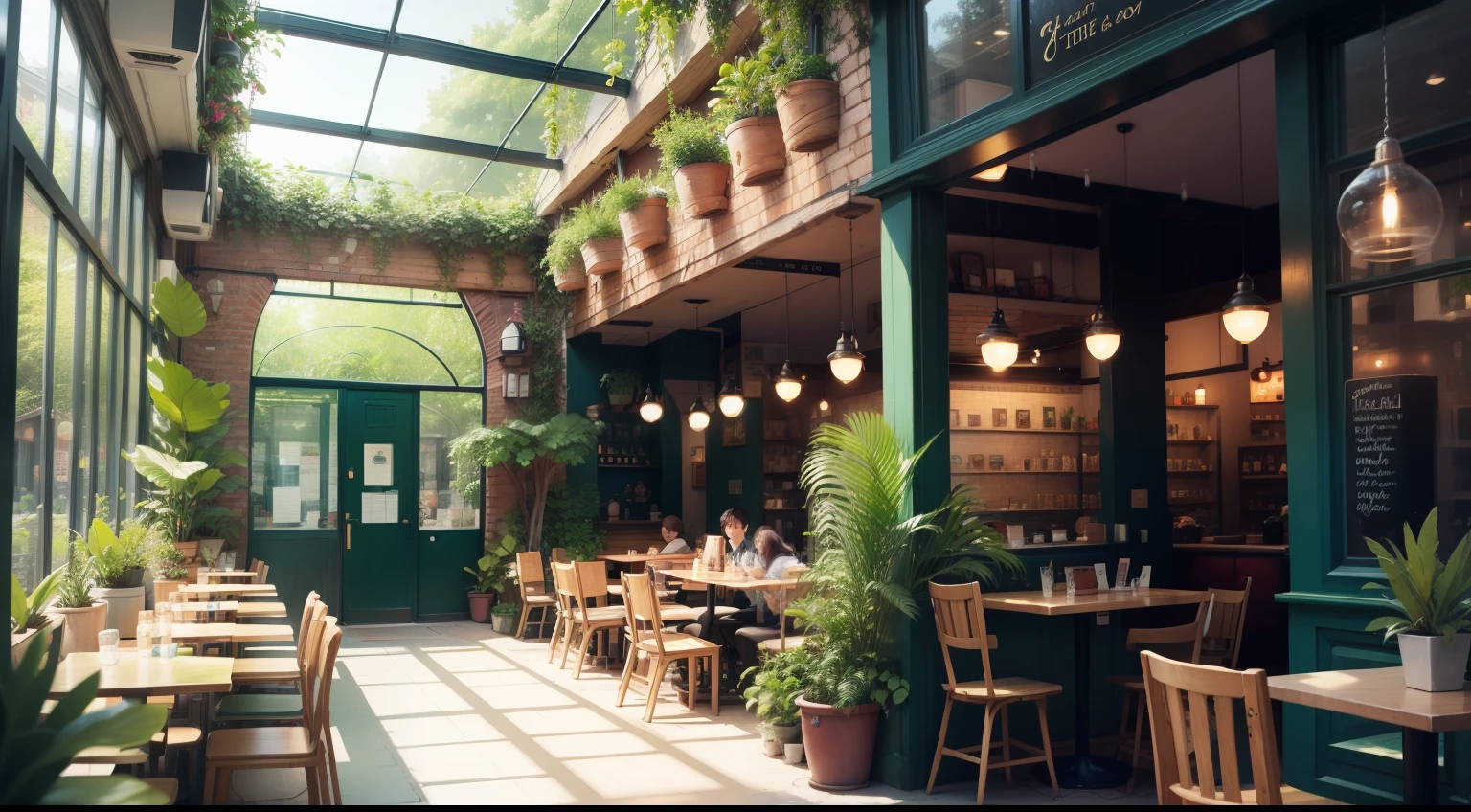 lush cafe filled with greenery no people empty cafe