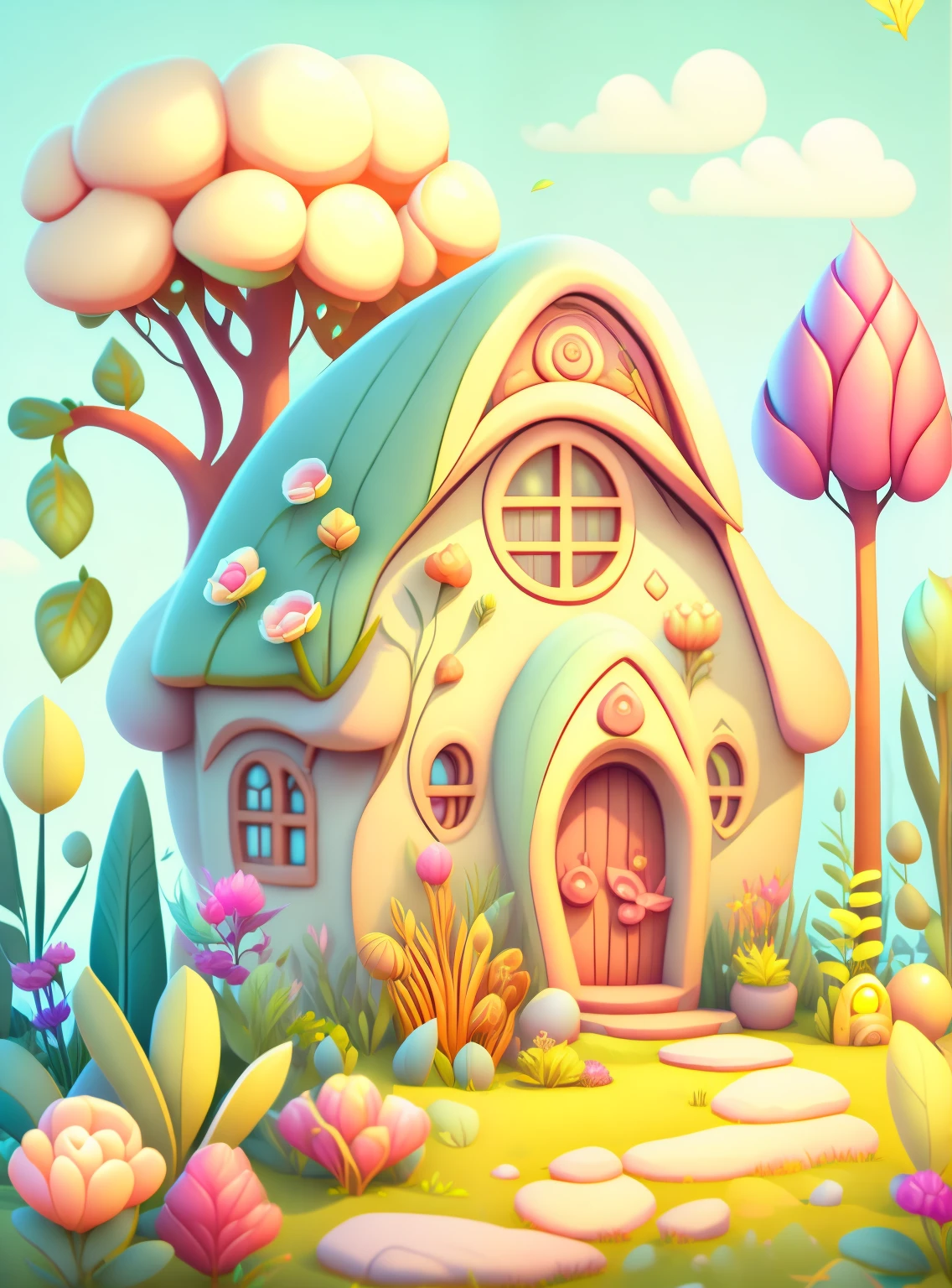 Cartoon-style house, flowers and plants, magical elements, mobile game, forest and plants, a touch of magical elements, outlines of animals.