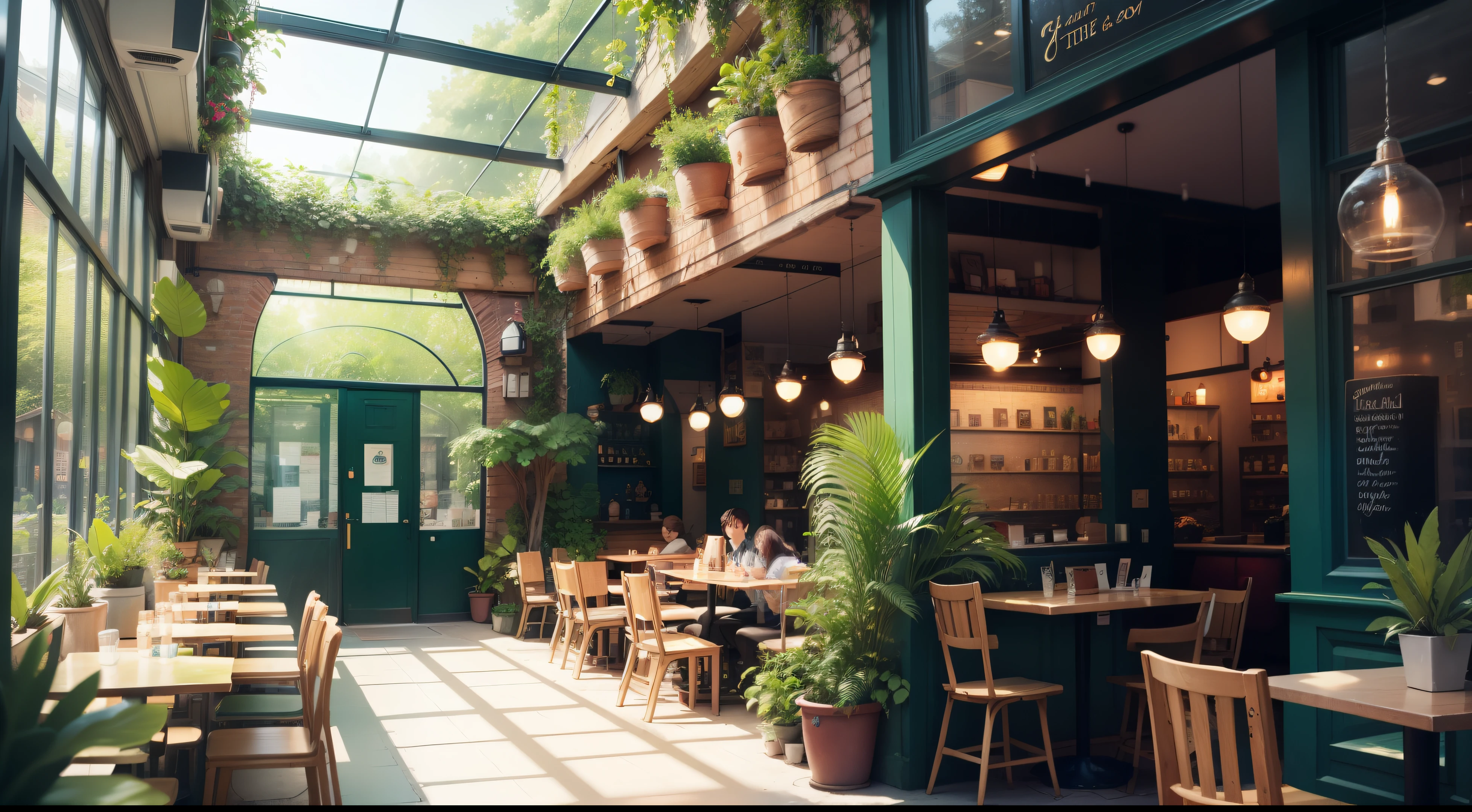 lush cafe filled with greenery no people empty cafe