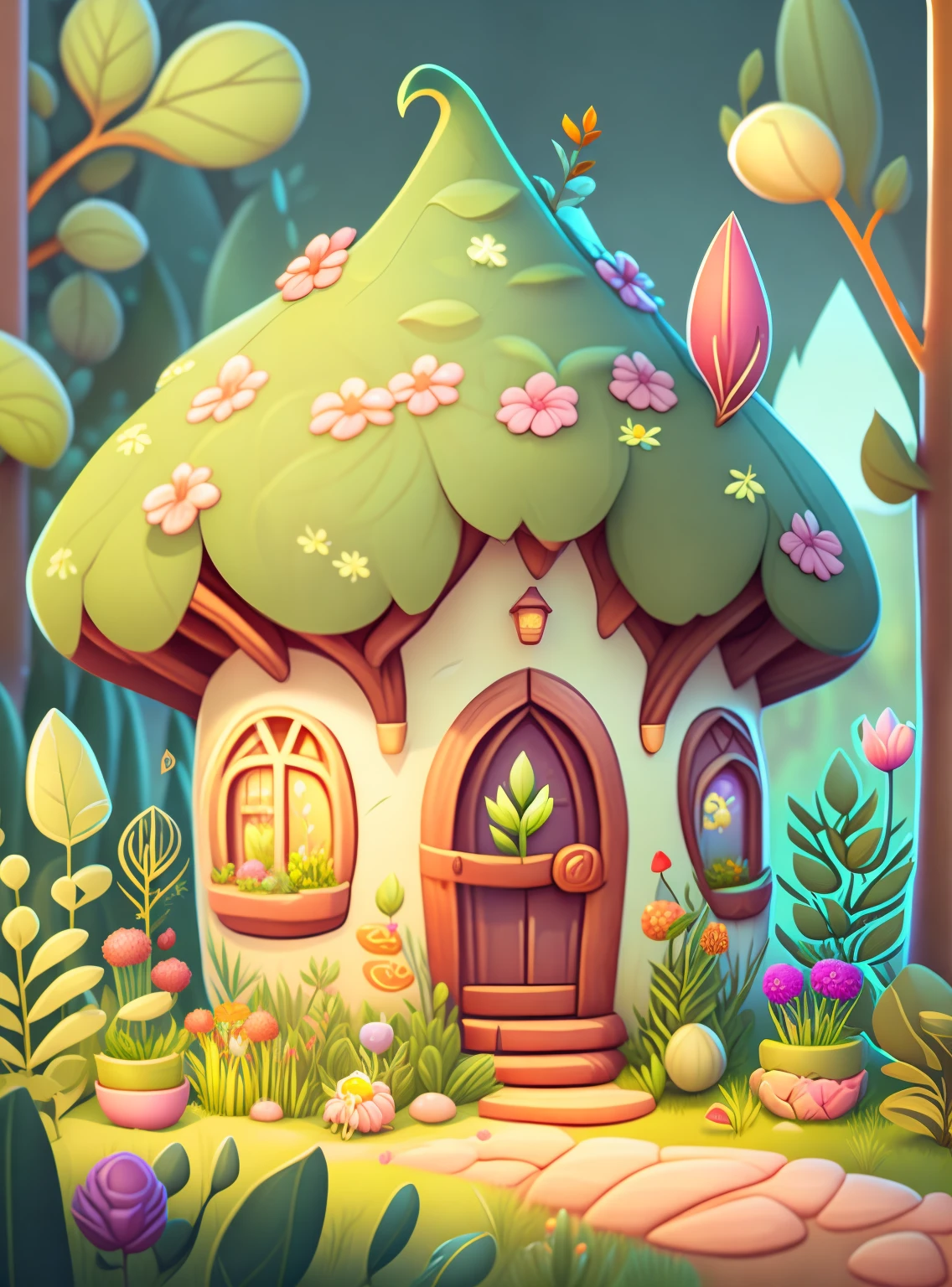 Cartoon-style house, flowers and plants, magical elements, mobile game， forest and plants, a touch of magical elements, outlines of animals.