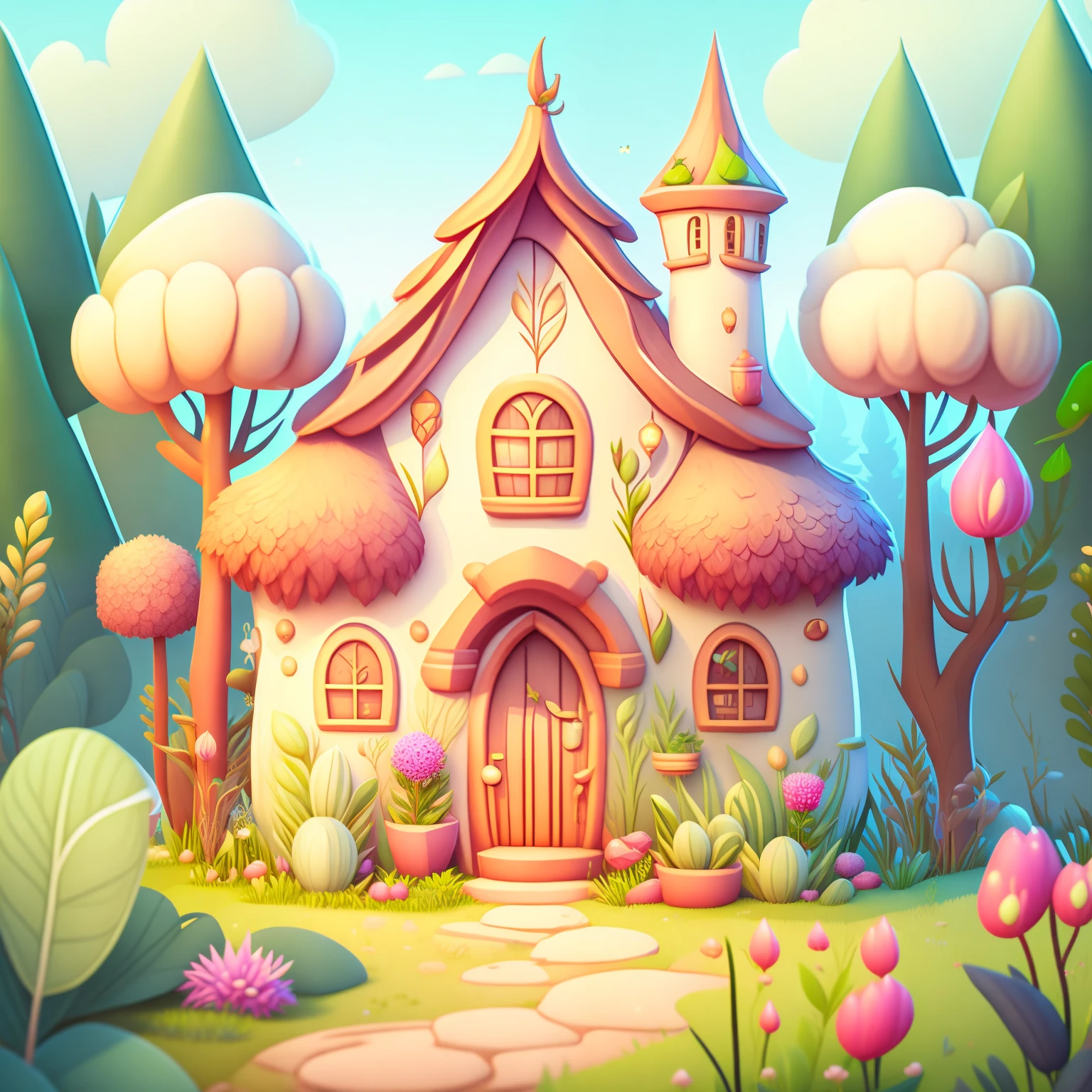 Cartoon-style house, flowers and plants, magical elements, mobile game， forest and plants, a touch of magical elements, outlines of animals.