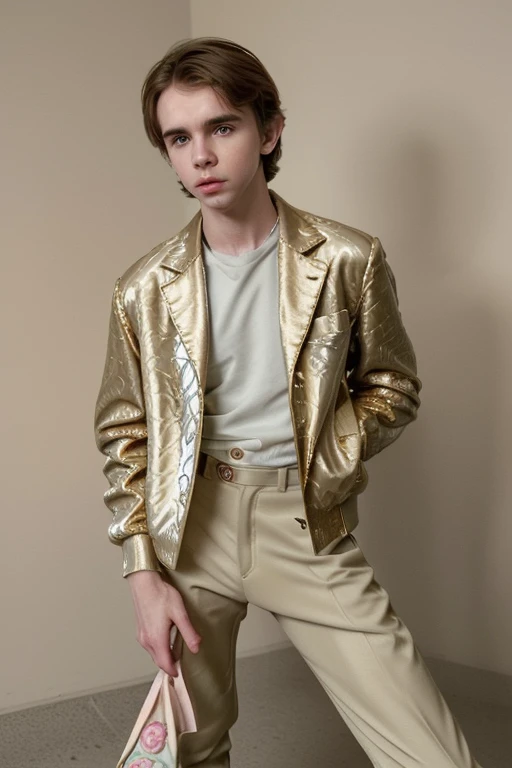 Prompt: "2023 screenshot of male model Charlie Bucket (Freddie Highmore) that looks like a barbie doll by plastic surgery with lipp fillers and a botox ass and is in a youthful ensemble featuring a tailored Gucci monogram jacket and slim-fit trousers in a complementary pattern. He wears limited edition Gucci sneakers with subtle gold accents. --ar 3:2 --v 5"