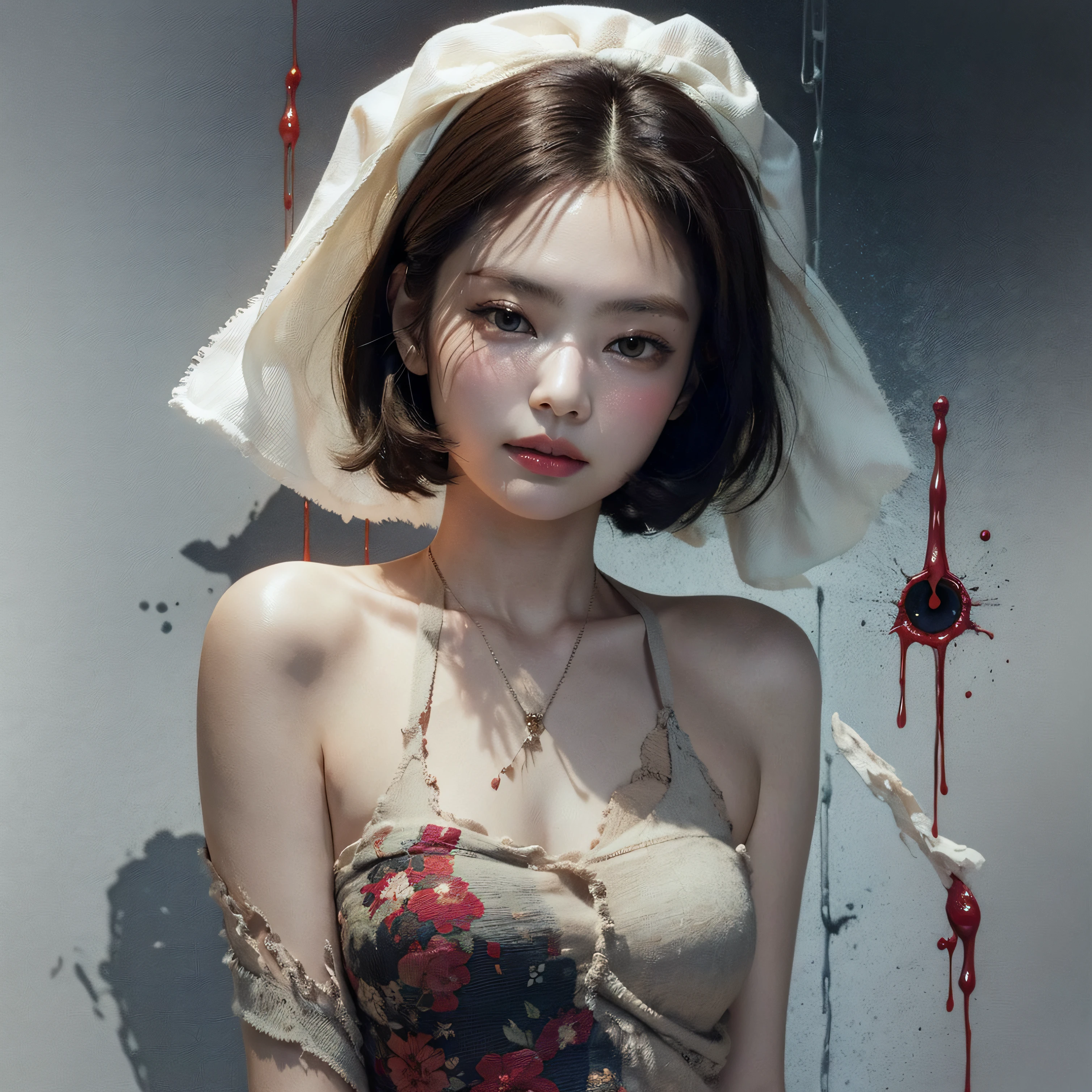 bright eyes, white dress torn and stained with blood, bones exposed, putrid wounds, , terrifying, bruised by the body, exposed fracture in the collarbone, slight smile, super detailed, black short hair, blood and wounds, stab wounds on body, dirty clothes, Jennie Kim, 30 yrs old girl,