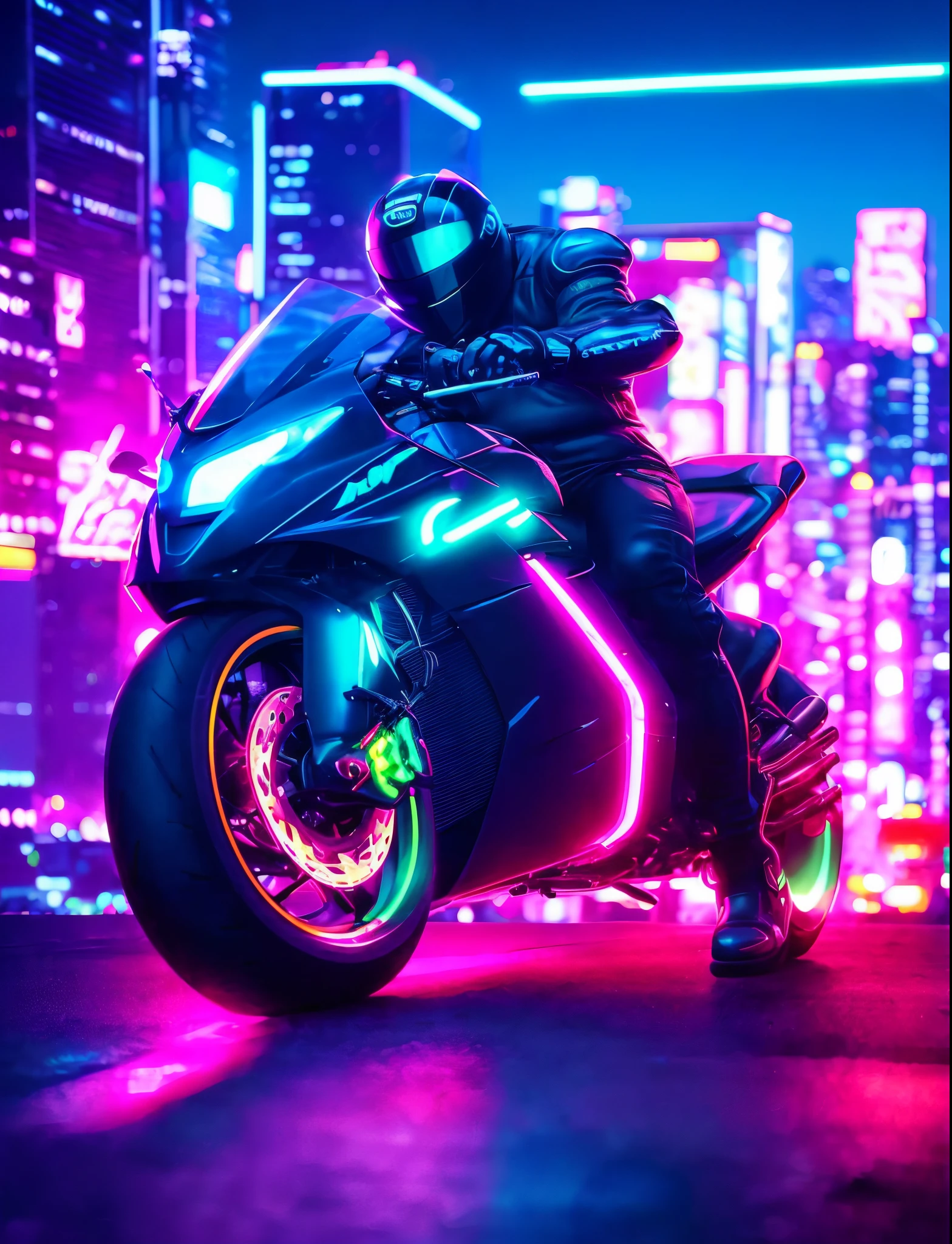 arafed motorcycle rider in neon city at night with city lights, sitting on cyberpunk motorbike, cyberpunk art style, epic retrowave art, synthwave art style, cyberpunk vibrant colors, synthwave art style ]!!, retrowave epic art, synthwave art, synthwave style, masterpiece epic retrowave art, neon cyberpunk, neon cyberpunk vibrant colors