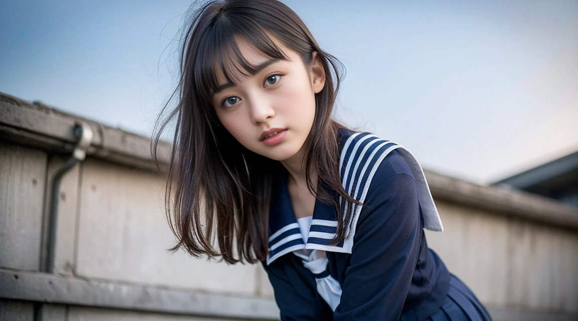 (Best Quality, 8K, 32 k, tmasterpiece, NFFSW (english) (english) (english):1.2), (Raw foto), (realisitic), (Photorealistic:1.2), (high resolucion), Ultra-detailed, extremely beautiful face & eyes, 1girll, (Lori, :1.2), young female, innocent face, thin-waist, tits huge, slim proportions, (Uniform of Japanese sailors, sailor fuku, serafuku, japanese school sailor uniform, darkblue pleated skirt:1.27), (From below, white thong, groin:1.24), Rooftops of the City of Dawn,