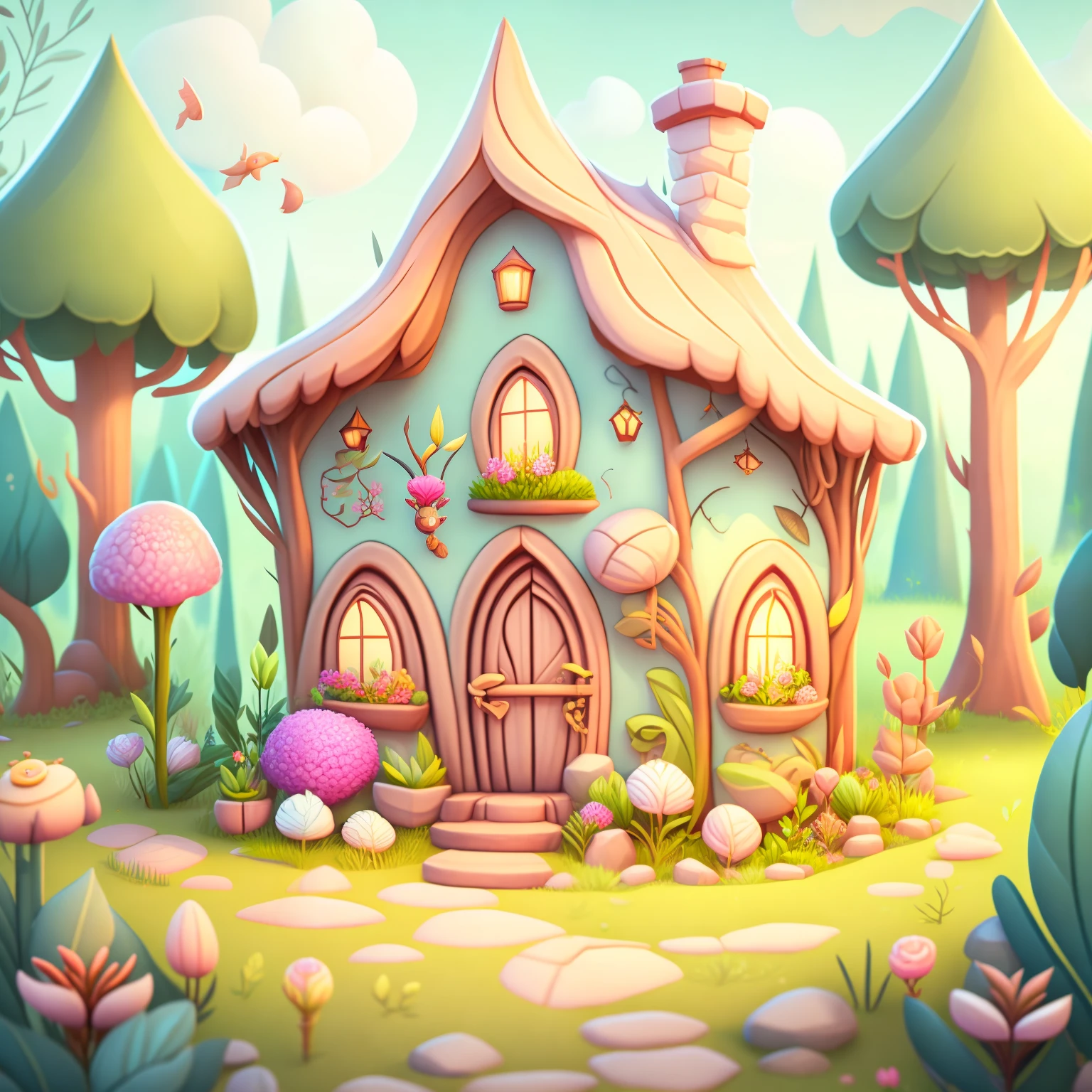 Cartoon-style house, flowers and plants, magical elements, mobile game， forest and plants, a touch of magical elements, outlines of animals.