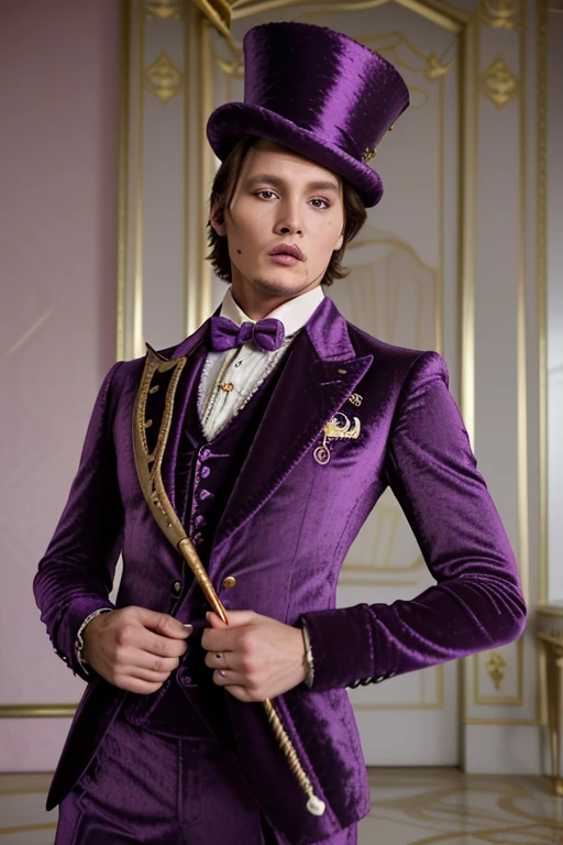 2023 screenshot of male model Willy Wonka (johnney depp) that looks like a barbie doll by plastic surgery with a big ass and huge lipps and a regal purple velvet suit with gold-threaded embroidery featuring the Gucci logo prominently. The ensemble includes a matching top hat adorned with a Gucci ribbon, and he carries a limited edition Gucci cane. --ar 3:2 --v 5"