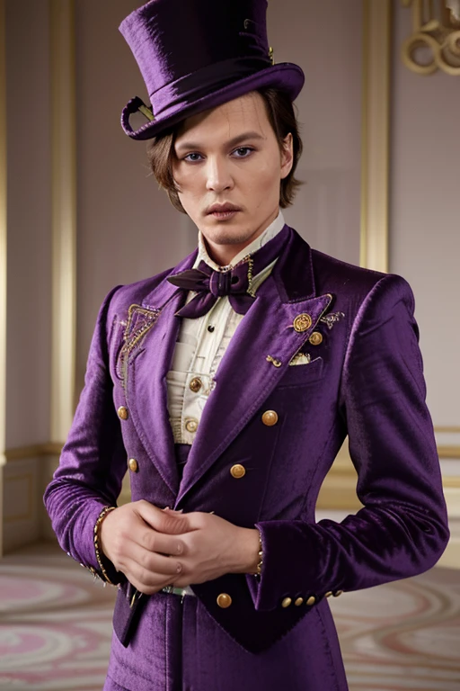 2023 screenshot of male model Willy Wonka (johnney depp) that looks like a barbie doll by plastic surgery with a big ass and huge lipps and a regal purple velvet suit with gold-threaded embroidery featuring the Gucci logo prominently. The ensemble includes a matching top hat adorned with a Gucci ribbon, and he carries a limited edition Gucci cane. --ar 3:2 --v 5"