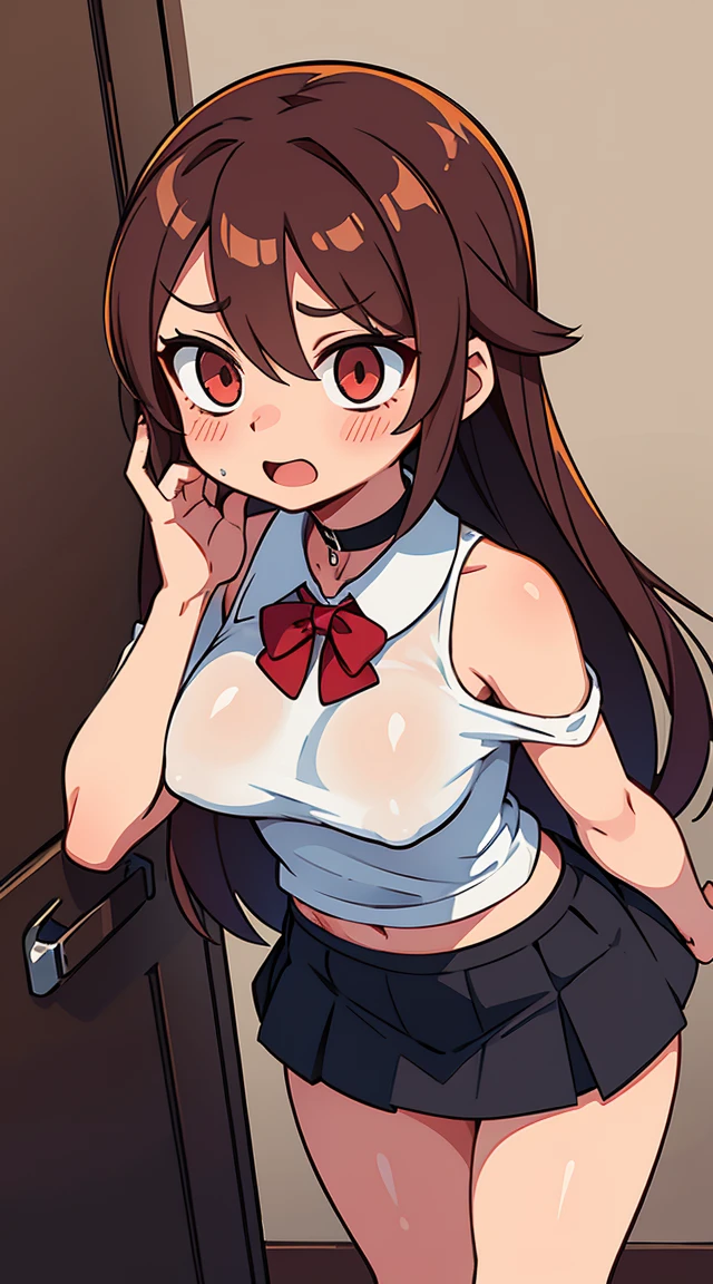 Brown_long_hair, 1girl, hair_over_one_eye, blush_on_cheeks, nipple outlines, excited, embarased, ashamed, shy, turned_on, black_choker, red_shoulder-length_shirt, open_shoulders, open_breasts, tiny_blue_skirt, perfect_quality, perfect_high_resolution, massive_sexy_breasts, sexy_young_girl, best noise removal, groin exposed, pantsu