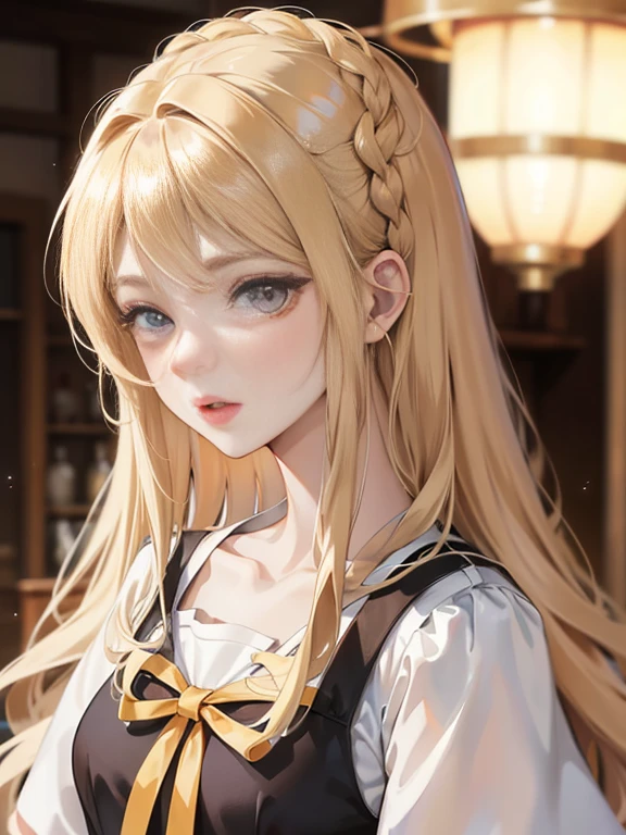 gros plan, anime girl, cheveux blonds, yeux marrons, vêtements marron et blanc,