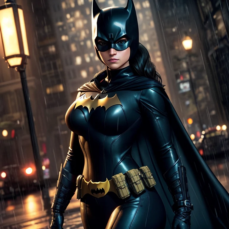 a woman in a batman costume standing in the rain, batwoman, female superhero proportions, batgirl, superhero body, anigirl batman, brian pulido, cassandra cain in satin, still image from batman movie, emma watson as catwoman, mila kunis as catwoman, , hyperrealistic, octane render, photoreistism, cryengine, artgerm, unreal engine highly detailed, realistic,