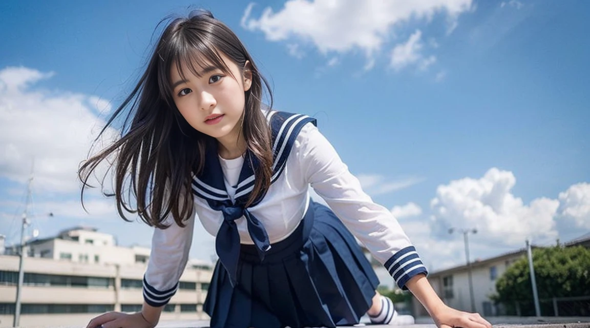 (Best Quality, 8K, 32 k, tmasterpiece, NFFSW (english) (english) (english) (english) (english):1.2), (Raw foto), (realisitic), (Photorealistic:1.2), (high resolucion), Ultra-detailed, extremely beautiful face & eyes, 1girll, (Lori, :1.2), young female, innocent face, thin-waist, tits huge, slim proportions, (Uniform of Japanese sailors, sailor fuku, serafuku, japanese school sailor uniform, darkblue pleated skirt:1.27), (From below, white thong, groin:1.24), Rooftops of the City of Dawn,