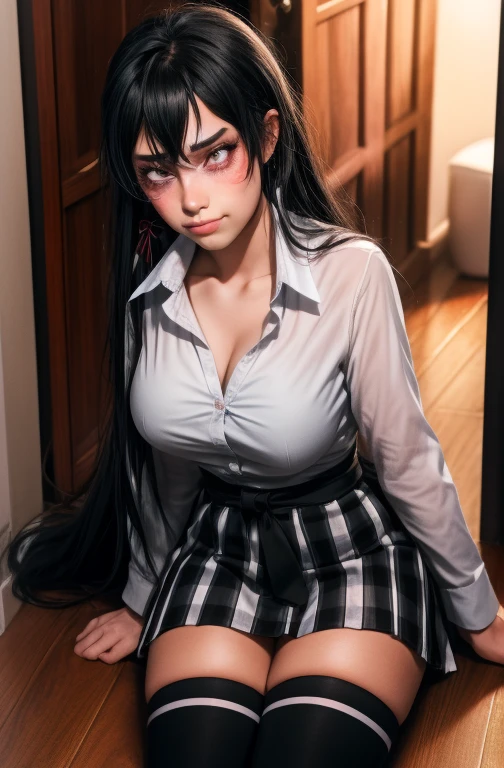 (full figure:1.1), 1 girl as yukino yukinoshita, absurdres, highres, solo, school uniform, big breasts, waist long black hair, (twintails:0.5), (pleated miniskirt:1.2), (black thighhigh socks:1.1), loose red ribbon, unbuttoned white shirt, (ahegao:1.2), (rolling eyes:1.2), (torn clothes:1.5), bare breastss, spread legs