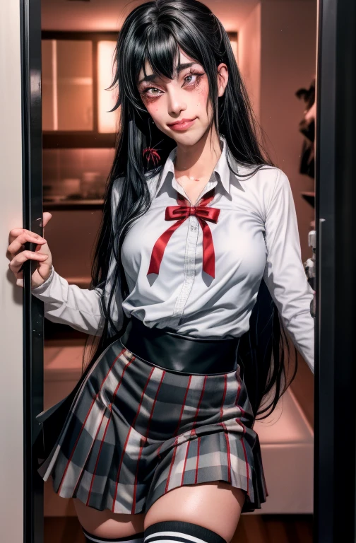 anime girl. He wears black glasses and has a piercing in his nose.. He has long black hair and green eyes.. He has a uniform with a red bow, a white shirt and a blue skirt. serious expression