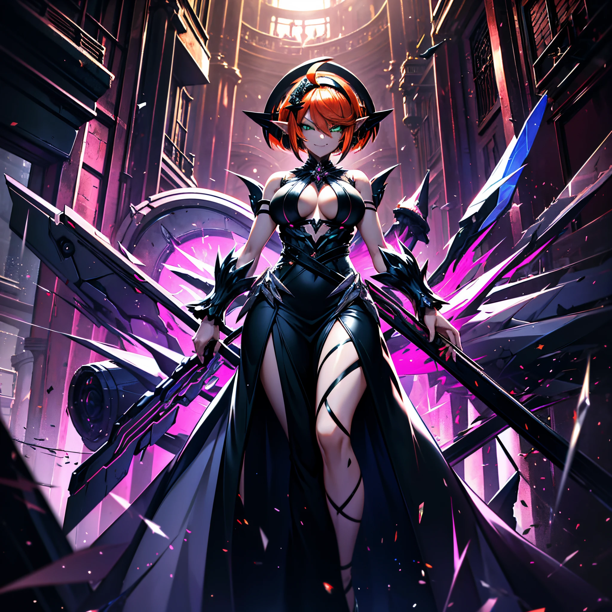 1 girl, solo, mature woman, medium breasts, diamond-shaped boob window, tall woman, black elegant long dress, futuristic elegant dress, sleeveless dress, glitter on dress, orange hair, ahoge, hair between eyes, short hair, straight hair, crystal hair, clover hair ornament, black hairband, scar across eye, jewellery, x-shaped pupils, glowing eyes, green eyes, furrowed brow, crescent earrings, pointy ears, evil smile, crazy, fang, fang out, empty alleyway in background, Pixar, high detail, anaglyph, blurry, anatomically correct, best quality, 8k, masterpiece