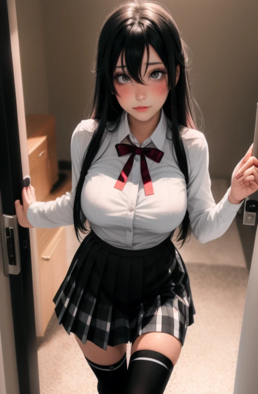 1 girl as yukino yukinoshita, absurdres, highres, solo, school uniform, big breasts, waist long black hair, (twintails:0.5), miniskirt, black thighhigh socks, loose red ribbon, unbuttoned white shirt, (ahegao:1.5), (rolling eyes:1.5), pov_doorway blush, looking_at_viewer