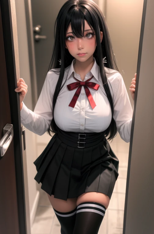 1 girl as yukino yukinoshita, absurdres, highres, solo, school uniform, big breasts, waist long black hair, (twintails:0.5), miniskirt, black thighhigh socks, loose red ribbon, unbuttoned white shirt, (ahegao:1.5), (rolling eyes:1.5), pov_doorway blush, looking_at_viewer