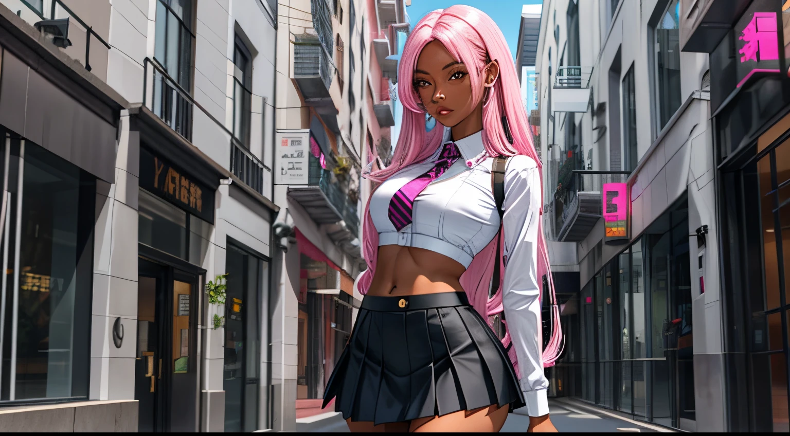 Sexy skinny ebony skinned female wearing cropped graphic t-shirt, a short pink skirt, busty, thicc thighs, has long black wavy hair, perfect eyes, perfect face, masterpiece, solo, alone, (SOLO)(ALONE) showing belly,