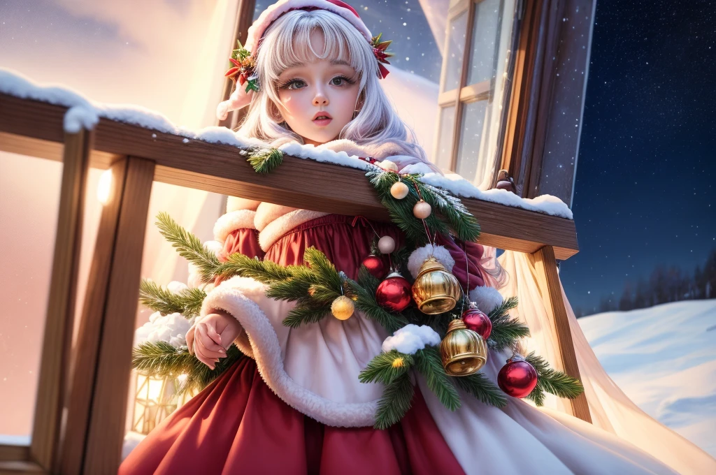(Pintura digital), (qualidade superior), 超A high resolution, Linda e sexy garota de Papai Noel usa uma linda fantasia de Papai Noel, Christmas decorations, chama ardente na lareira, luz de vela quente, A big Christmas tree and snow outside the window, 8K Ultra Real, Pastel color schemes,