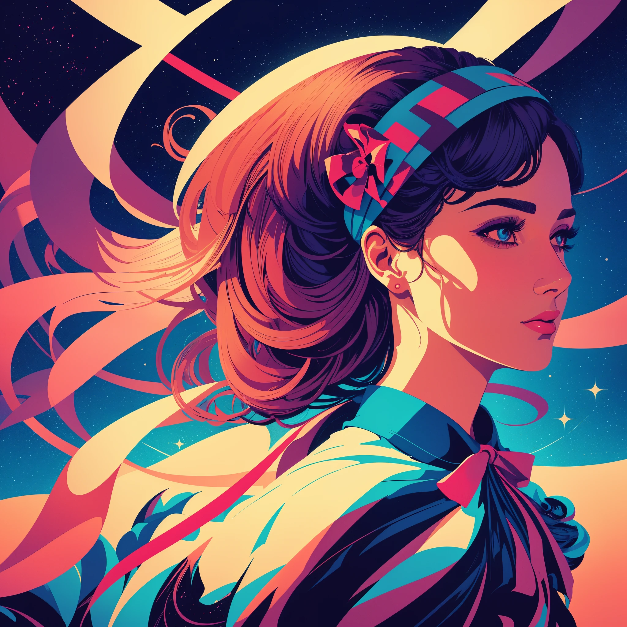 illustration of a woman with a ribbon wrapped around her head, martin ansin artwork portrait, martin ansin, stunning digital illustration, james gilleard artwork, poster illustration, inspired by Mike Winkelmann, inspired by Petros Afshar, by Matthew D. Wilson, exquisite imaginative poster art, by Matthijs Naiveu, a beautiful artwork illustration, poster art style