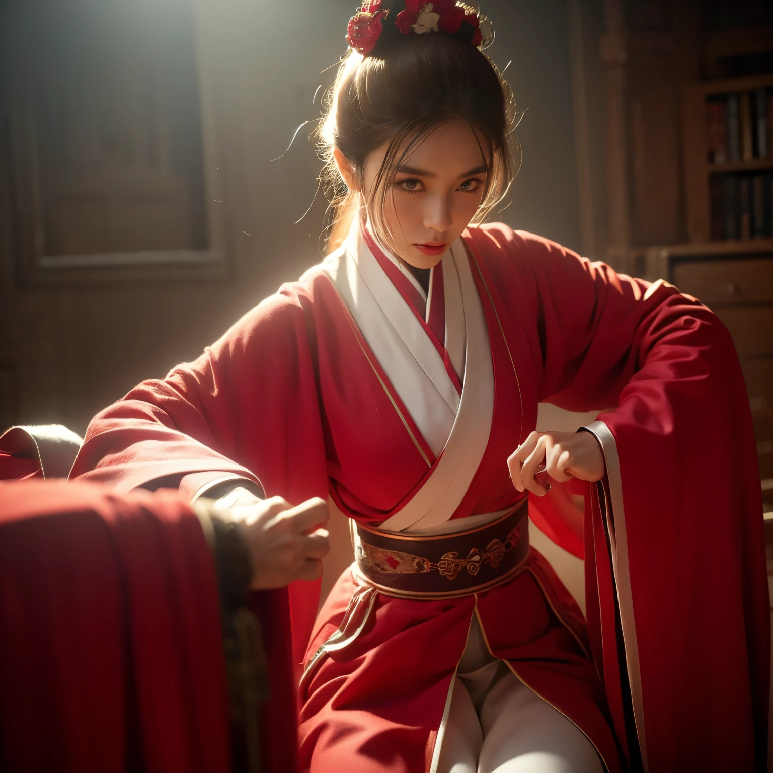 easlistic,dramatic light,1 woman,Dongfang Bubai,Brigitte Lin,Fighting using a needle and thread,