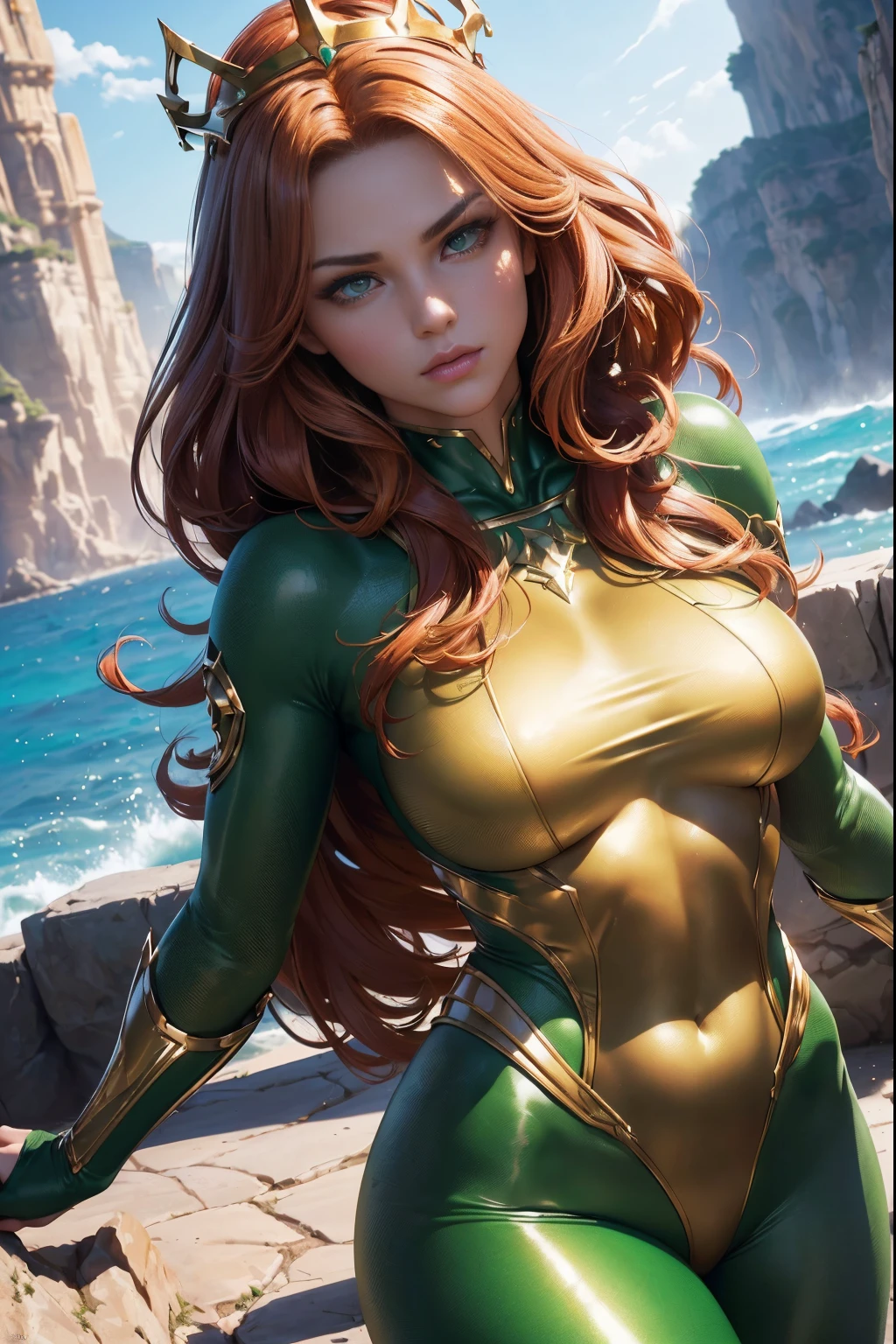 (((, strong, attractive, sexy, powerful, tan skin female,)))( red hair wavy, bangs, long hair, (green eyes, statuesque oblong-shaped face, vivacious eyes, tone, long,) character shot (masterpiece), (ultra-detailed), (perfect detaill, fine and beautiful), beautiful face, beautiful eyes, (detailed face, detailed eyes), detailed lip, shiny skin, oil skin, shiny hair, sense of depth, depth of field, dynamic angle, scenery, dramatic lighting, volumetric lighting, golden hour, dangerous::2,(science ,fantasy),((magic, futuristic fantasy))  gold crown on her head, skin tight green bodysuit with gold trim, queen of atlantis, by the ocean