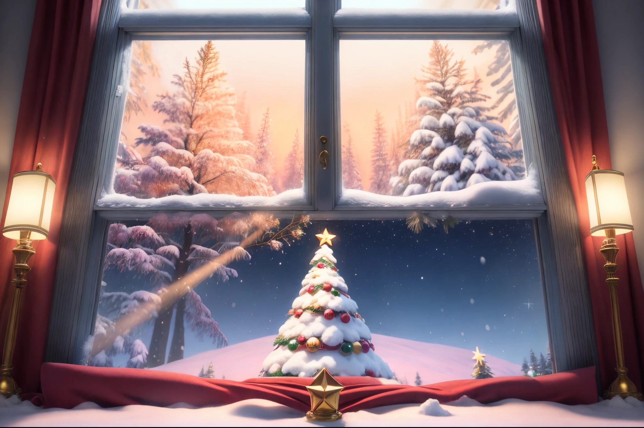 (pintura digital), (qualidade superior), 超A high resolution, Linda e sexy garota de Papai Noel vestindo uma linda fantasia de Papai Noel, Christmas decorations, chama ardente na lareira, luz de vela quente, A big Christmas tree and snow outside the window, 8K Ultra Real, Pastel color schemes,
