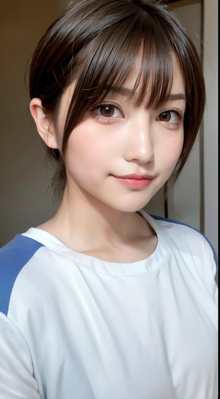 upper body, masterpiece, best quality, raw photo, photorealistic, big, face light, shiny skin, high resolution, super detail, detail, detailed eyes and face, sharp pupils, realistic pupils, sharp focus, shiny skin, cute smile, brown hair, sporty clothes, medium hair