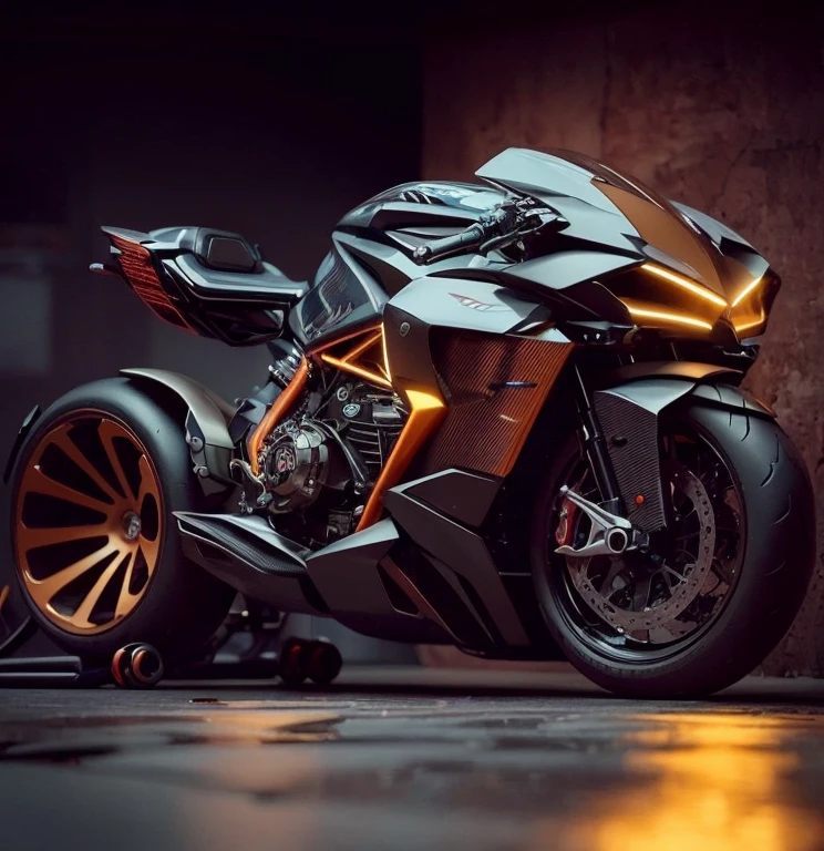 a close up of a motorcycle parked in a dark room, futuristic motorcycle, extreme render, motorcycle, 8 k highly detailed ❤🔥 🔥 💀 🤖 🚀, cycle render, daniel maidman octane rendering, concept design art octane render, octane 2. 0 render, motorcycle concept art, 3 d hyper realistic render, hyper real render, riding a futuristic motorcycle
