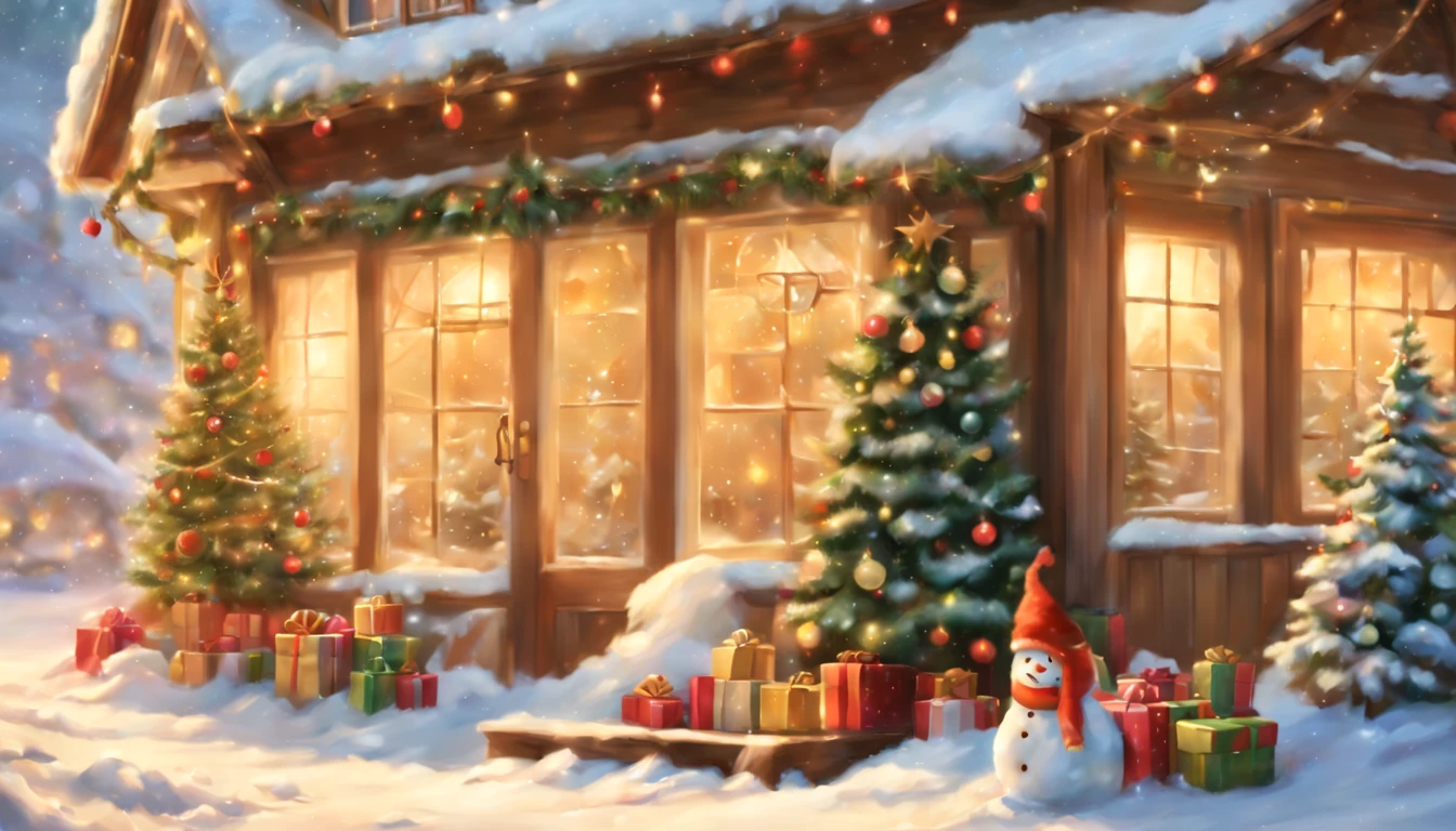 (Pintura digital), (qualidade superior), 超A high resolution, Linda e sexy garota de Papai Noel usa uma linda fantasia de Papai Noel, Christmas decorations, chama ardente na lareira, luz de vela quente, A big Christmas tree and snow outside the window, 8K Ultra Real, Pastel color schemes,