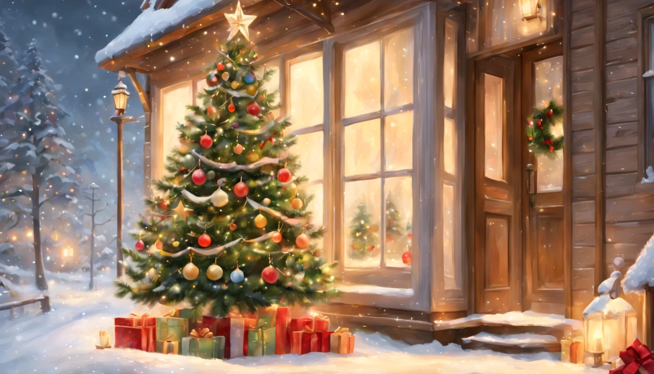 (Pintura digital), (qualidade superior), 超A high resolution, Linda e sexy garota de Papai Noel usa uma linda fantasia de Papai Noel, Christmas decorations, chama ardente na lareira, luz de vela quente, A big Christmas tree and snow outside the window, 8K Ultra Real, Pastel color schemes,