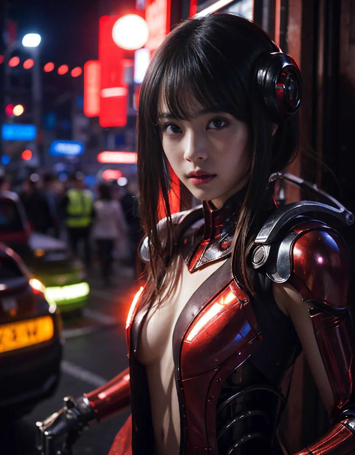 (1 Mechanical Girl)、（Mystical expression）、top-quality、​masterpiece、超A high resolution、(Photorealsitic:1.4)、Raw photo、女の子1人、glowy skin、(((1 Mechanical Girl)))、（Red Metal Bodysuit）、(alien background、futuristic alien background)、(Small LED)、((super realistic details))、vertical giant monster background),globalillumination、Shadow、octan render、8K、ultrasharp、机器人、Colossal tits、Raw skin exposed in the cleavage、red metal、Details of complex ornaments、Japan details、highly intricate detail、Realistic light、(Mystical expression),CG Society Trenlow Eyes、Eyes shining towards the camera、Mechanical marginal blood vessels connected to neon detail tubes)、(Wires and cables connecting to the head)、Small LED、,Mechanical thighs、Toostock、（Hands are also made of machines）、机器人、future alien、Please wear a mechanical helmet、