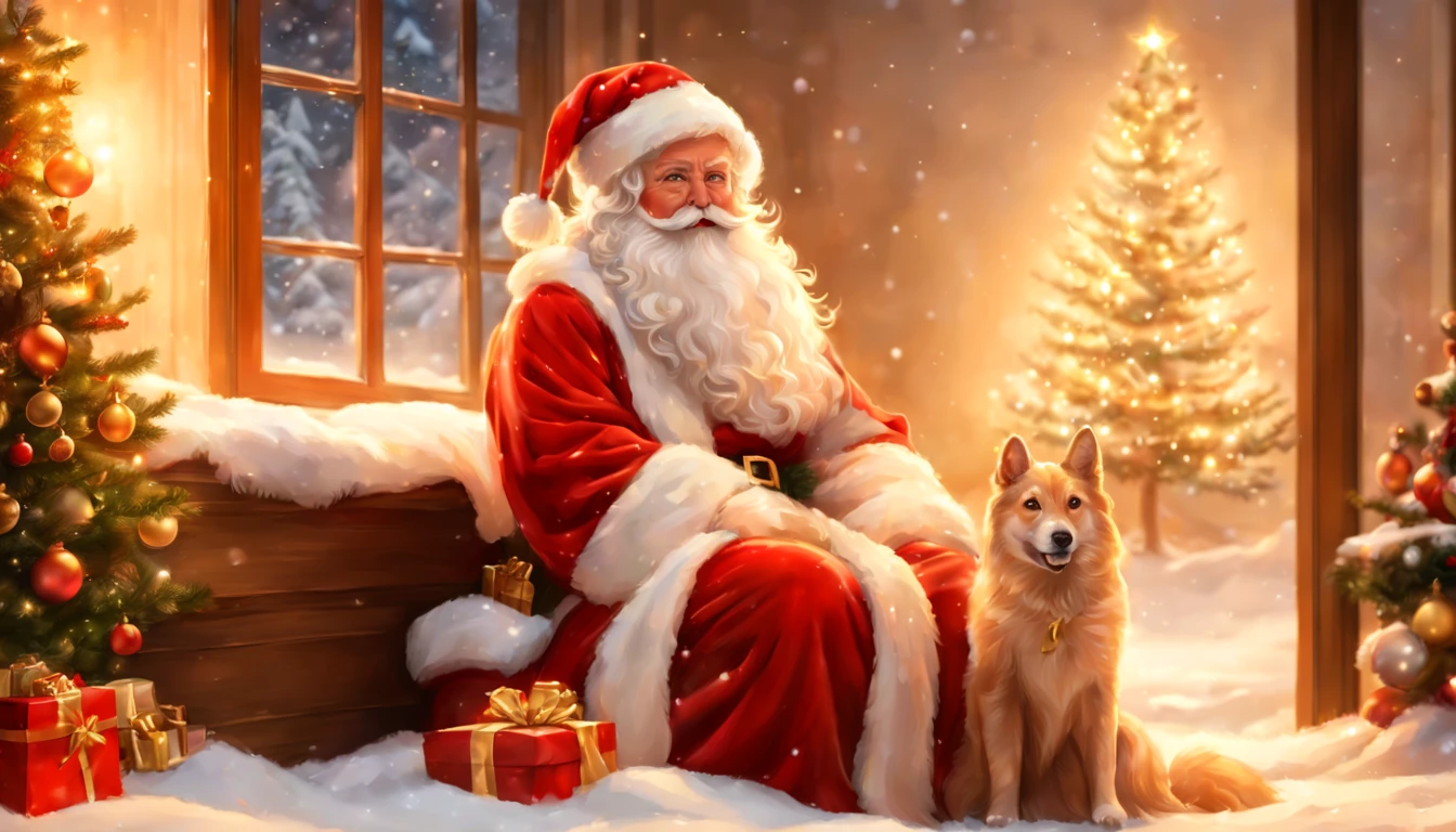 (Pintura digital), (qualidade superior), 超A high resolution, Linda e sexy garota de Papai Noel usa uma linda fantasia de Papai Noel, Christmas decorations, chama ardente na lareira, luz de vela quente, A big Christmas tree and snow outside the window, 8K Ultra Real, Pastel color schemes,