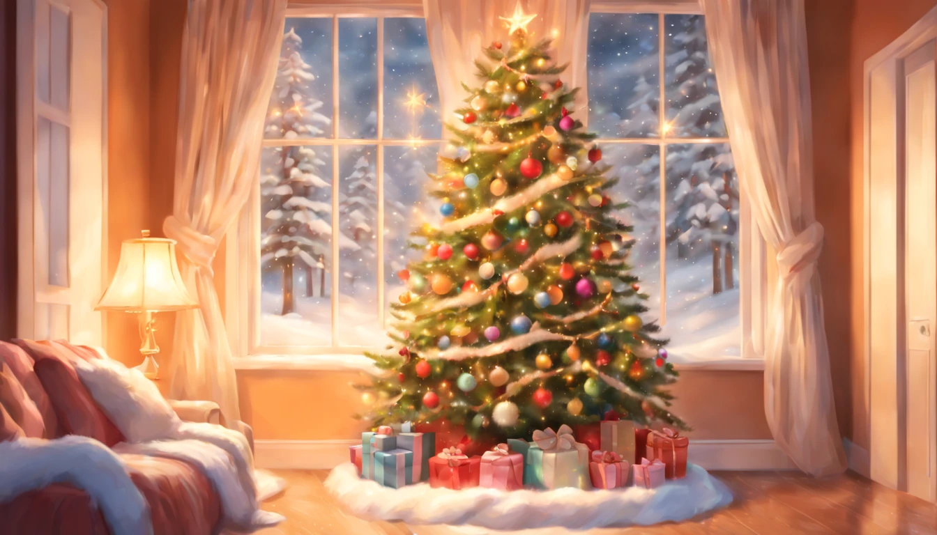 (Pintura digital), (qualidade superior), 超A high resolution, Linda e sexy garota de Papai Noel usa uma linda fantasia de Papai Noel, Christmas decorations, chama ardente na lareira, luz de vela quente, A big Christmas tree and snow outside the window, 8K Ultra Real, Pastel color schemes,