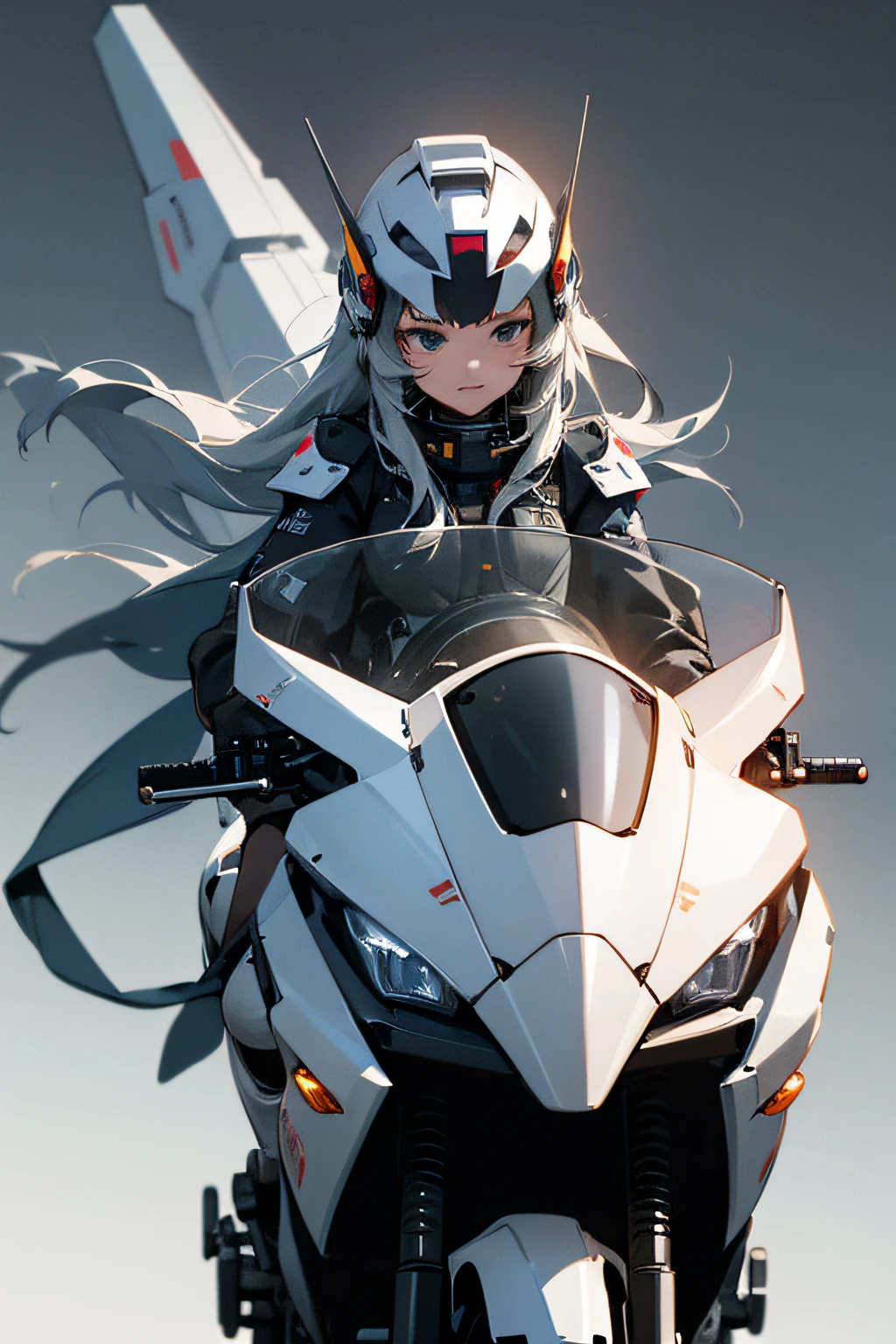 Highest image quality, excellent details, Ultra-high resolution, (fidelity: 1.4), The best illustrations, favor details, Highly condensed 1girl, with a delicate and beautiful face, dressed in black and white mecha, Wearing a mecha helmet, holding a directional controller, riding on motorcycle, the background is a high-tech lighting scene of the futuristic city.