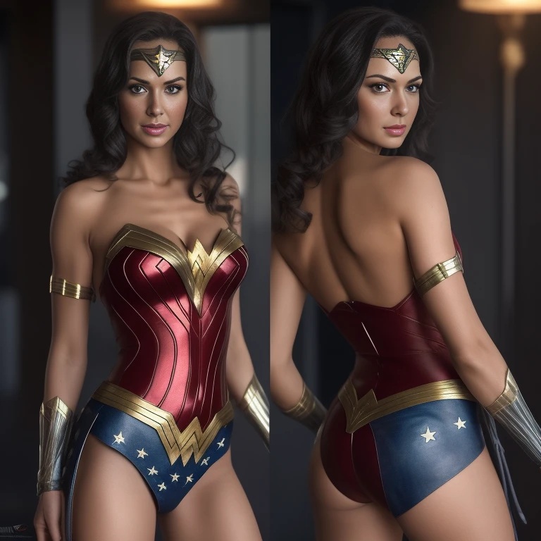 Mexican 40 years old beauty in a Wonder Woman mini suit, showing off her snake tattoo between breasts and her sun shaped tattoo in the lower back, organic looking outfit, gooey forehead, symbiote, white eyes, fine art, ps5 cinematic screenshot,highly detailed detailed cinematic rendering, ultra photorealistic, with cinematic lighting, doing pole dance