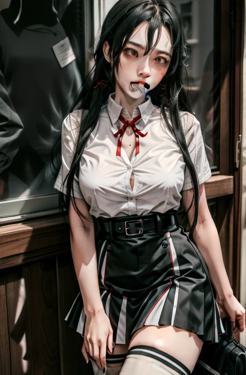 1 girl as yukino yukinoshita, absurdres, highres, solo, school uniform, big breasts, waist long black hair, (twintails:0.5), miniskirt, black thighhigh socks, loose red ribbon, unbuttoned white shirt, (ahegao:1.1), (rolling eyes:1.1),face to breasts, head between breasts