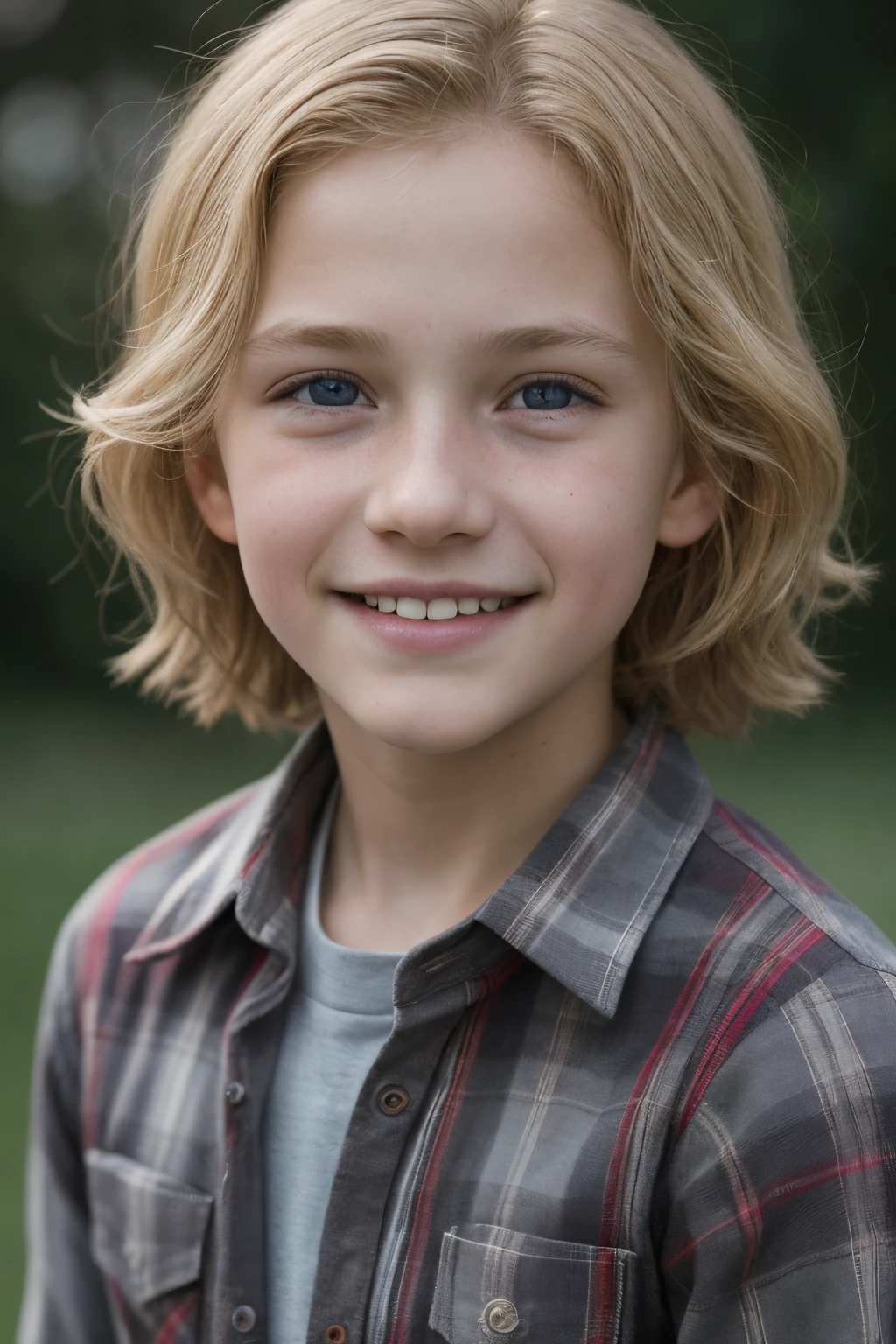 Breathtaking cinematic photo of a 12 year old boy with blonde hair and blue eyes, red plaid shirt, intricate details, shallow depth of field, vignette, highly detailed, high budget Hollywood film, Bokeh, Cinemascope, Moody, epic , gorgeous, filmic grain, master piece, Award-winning, professional, highly detailed, Detailed skin texture, (blush:0.5), (goosebumps:0.5), Subsurface scattering. happy, smile. full hair. grey background