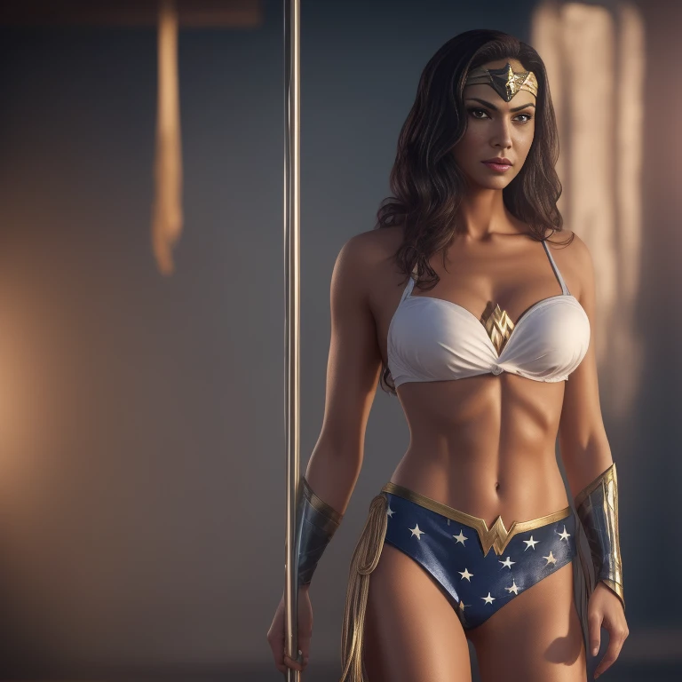 Mexican 40 years old beauty in a Wonder Woman looking bikini, showing off her snake tattoo between breasts and her sun shaped tattoo in the lower back, organic looking outfit, gooey forehead, symbiote, white eyes, fine art, ps5 cinematic screenshot,highly detailed detailed cinematic rendering, ultra photorealistic, with cinematic lighting, doing pole dance