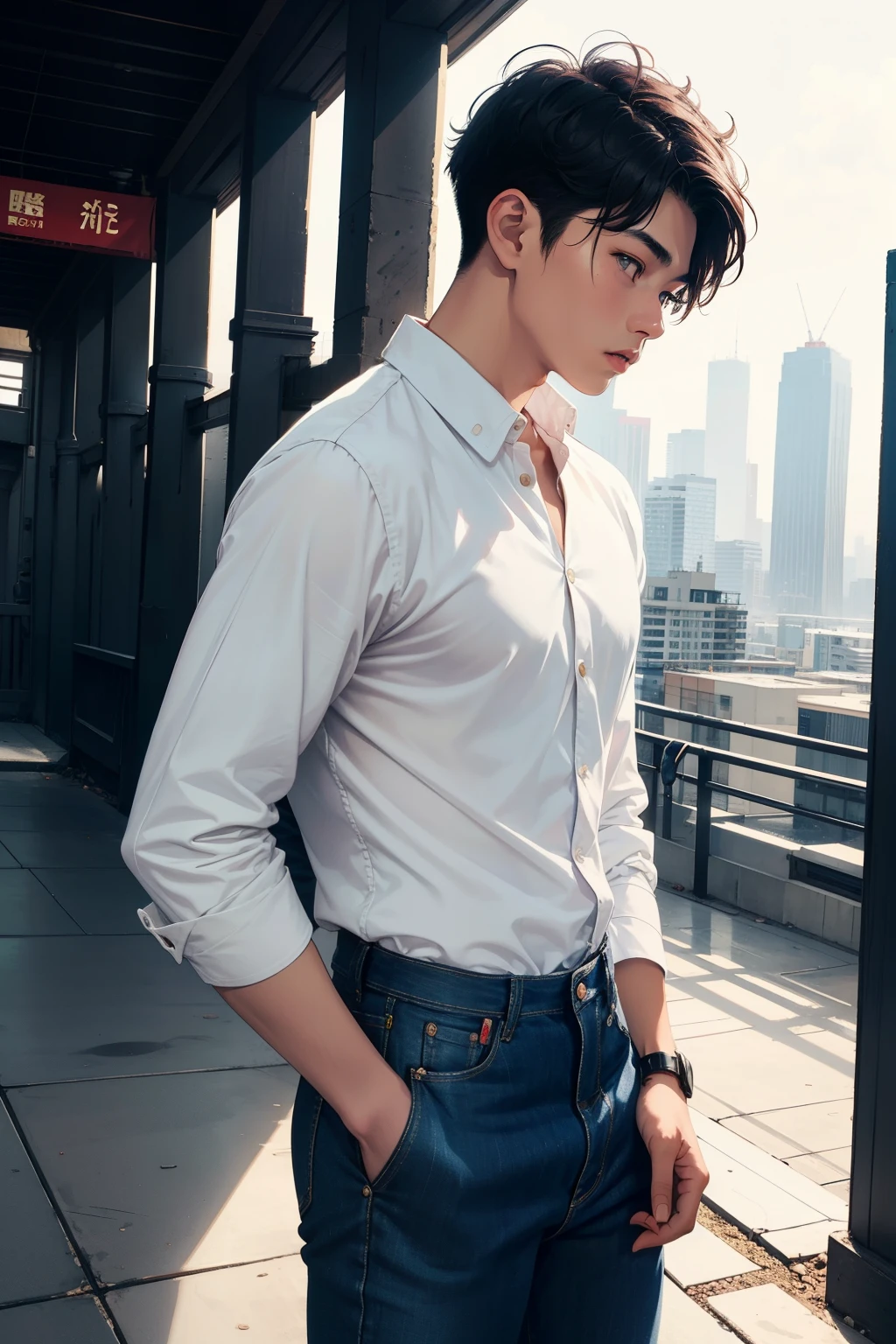 A teenage Asian man wearing the following outfit: dark beige color cotton safari jacket, white pique polo shirt tucked inside a dark navy color high-rise raw selvage denim jean, and a pair of burgundy color calfskin tassel loafers. (best quality, 4k, highres, masterpiece:1.2), ultra-detailed, realistic:1.37, HDR, studio lighting, vivid colors, bokeh, portraits, color palette with warm tones, soft natural lighting.