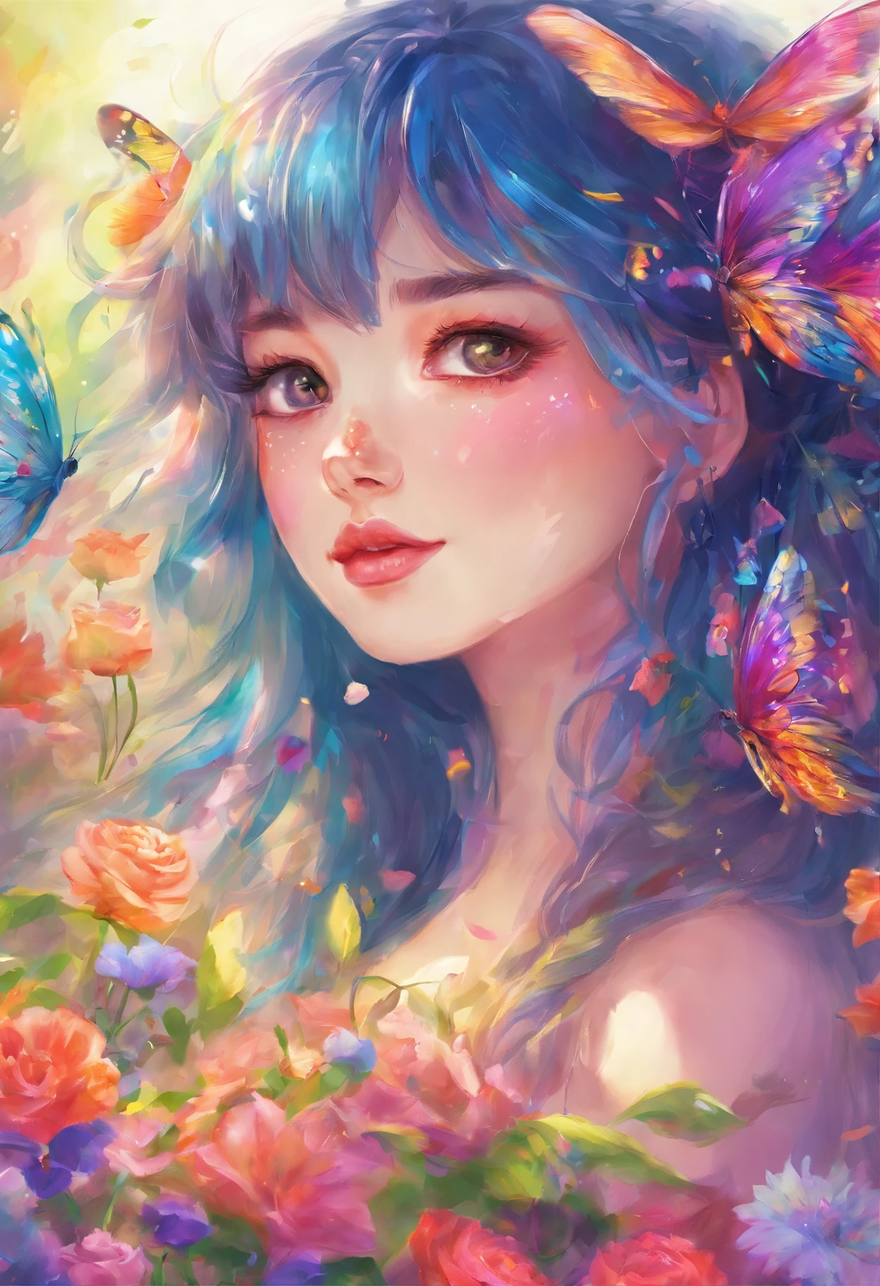 at a forest,night moon,Mini cute 3 flower fairy, chubbiness,Skirt made of petals,colorful colorful,Transparent colorful wings, Magic wand,closeup cleavage,Light attenuation,glowing effect,depth of fields,to emphasize,Real light,Ray traching,oc rendered,hyper realisitc,Best quality at best,8K,An artwork of,ultra - detailed,Detailed pubic hair,Correct anatomy,Focus on Ayoke,The facial features are carefully drawn