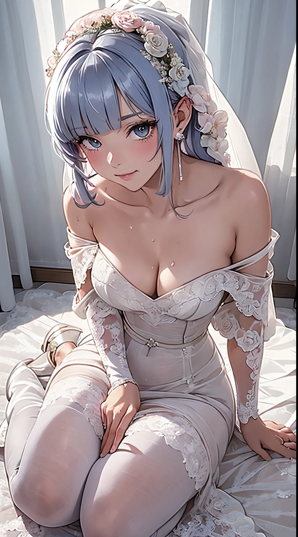 Character Details:, - Gender: 1 Girl. - Style: Anime, - Body Type: Attractive body, slim body, nice legs, slim tights, nice arms, nice shoulders. - : ((Small :1,5)), Cleavage. - Facial Feature: Beautiful, Gorgeous, Teenager, Fresh, Young. - Expression: Shy, Smile, , Pink Blush on Face,  Eyes,  Look, (Sweating:1.4), Innocent Look, Tipsy. - Hairstyle: Blunt Bangs, Long Hair. - Hair Color: Light Blue Hair. - Clothing: ((Full Gown, Wedding Dress:1.6)), (off-shoulder:1.6), (Stocking:1.4). - Body Pose: (Kneel). - Behaviour: Waiting, Want Something, Secretly. - Accessories: Earrings., Environmental Details:, - Setting: Bed Room., - Lighting: Natural Light., - Decoration: Modern Bed, Desk, Chair, Window, ((White Curtains:1.6)), City View. Top view. pov, anime style, UHD, retina, masterpiece, accurate, anatomically correct, textured.