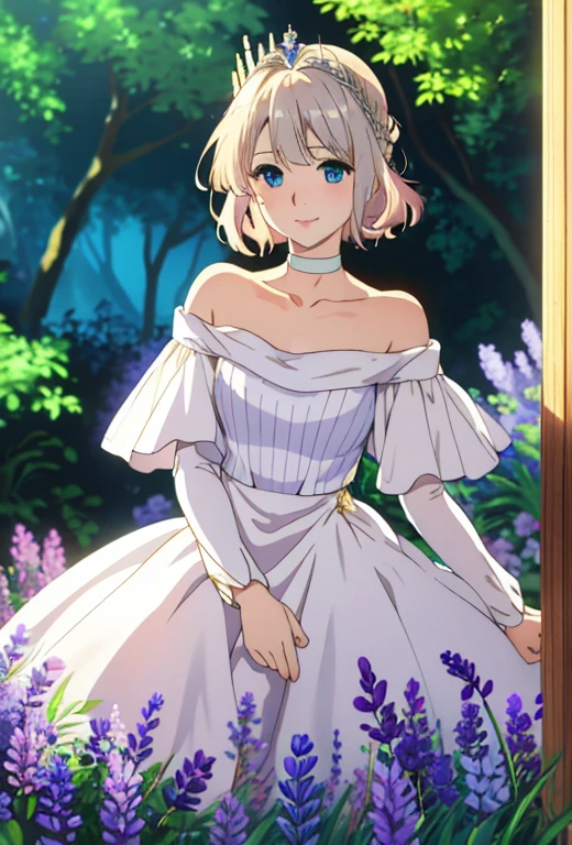 Masterpiece , solo , 1female , young adult , short blonde hair with brown roots showing , blue eyes , pale skin , light pink princess dress , off the shoulder sleeves , long sleeves , silver crown , simple forest background , soft smile expression , silver choker around neck , surrounded by lavender flowers