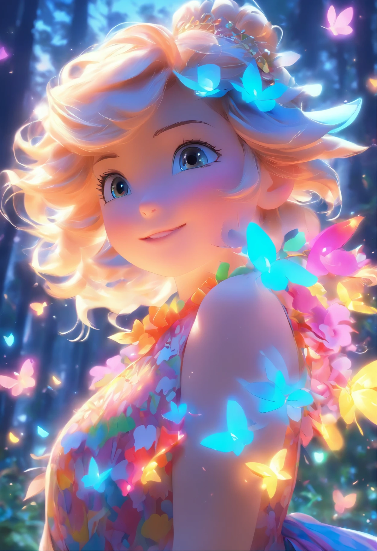 at a forest,night moon,Mini cute 3 year old flower fairy, Chubby,Skirt made of petals,colorful colorful,Transparent colorful wings, Magic wand,closeup cleavage,Light attenuation,glowing effect,depth of fields,to emphasize,Real light,ray traycing,oc rendered,hyper realisitc,Best quality,8K,artworks,ultradetailed,Detailed pubic hair,Correct anatomy,focus on eyeokeh,Facial features are carefully drawn