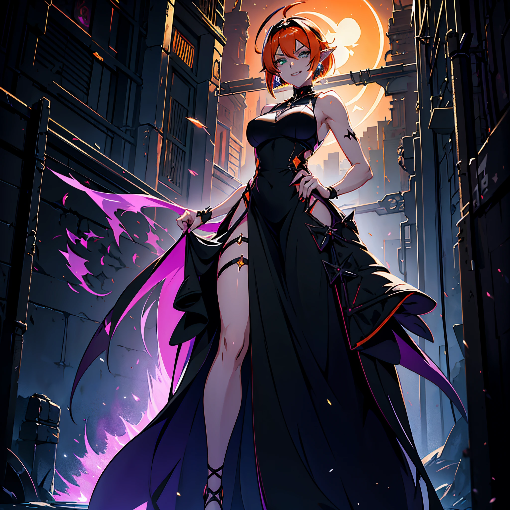 (1 girl, solo, mature woman), medium breasts, diamond-shaped boob window, tall woman, black elegant long dress, futuristic elegant dress, sleeveless dress, glitter on dress, ((orange hair, ahoge)), hair between eyes, short hair, straight hair, crystal hair, clover hair ornament, black hairband, scar across eye, jewellery, x-shaped pupils, glowing eyes, green eyes, furrowed brow, crescent earrings, pointy ears, evil smile, crazy, fang, fang out, empty alleyway in background, Pixar, high detail, anaglyph, blurry, anatomically correct, best quality, 8k, masterpiece