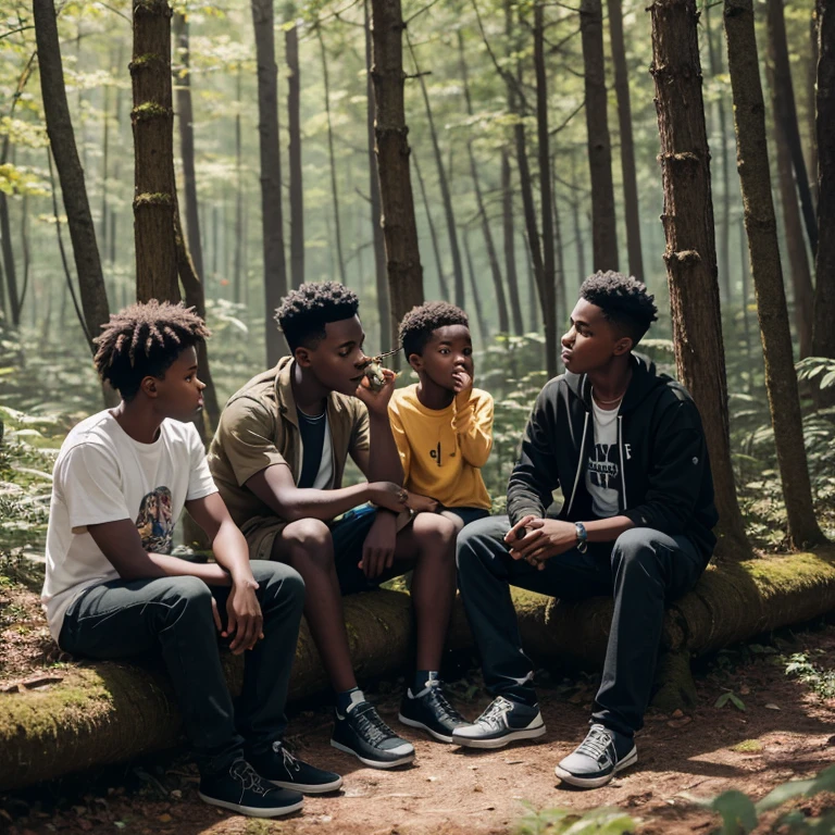 black ??? smoking  with friends in the woods
