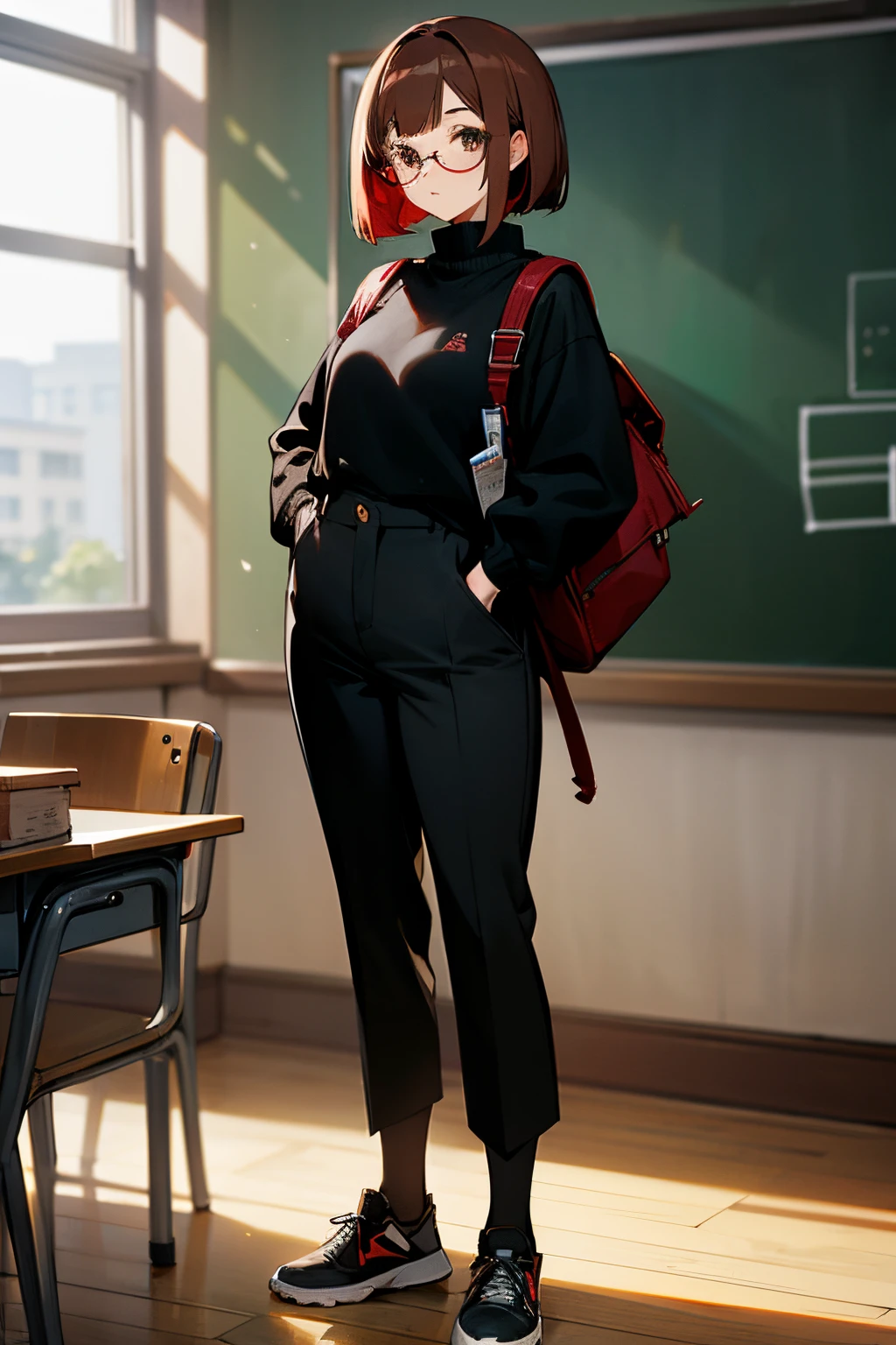 anime, masterpiece, best quality, full body, tall, young, perfect face, thick, red-brown bob hair, white round glasses, black sweater, black pants, black sneakers, standing in the classroom, black backpack