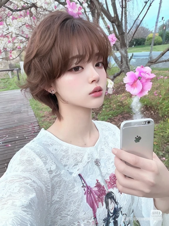 Arafed Asian girl wearing a white shirt and pink flowers in a park, con el pelo corto, Peinado blanco de corte hime, ulzzang, El Corte Hime, Ulzzang masculino, Kim Doyoung, con pelo corto con flequillo, Cai Xukun, Sakimichan, 19 year old girl, Jung Jaehyun, her face looks like an orchid